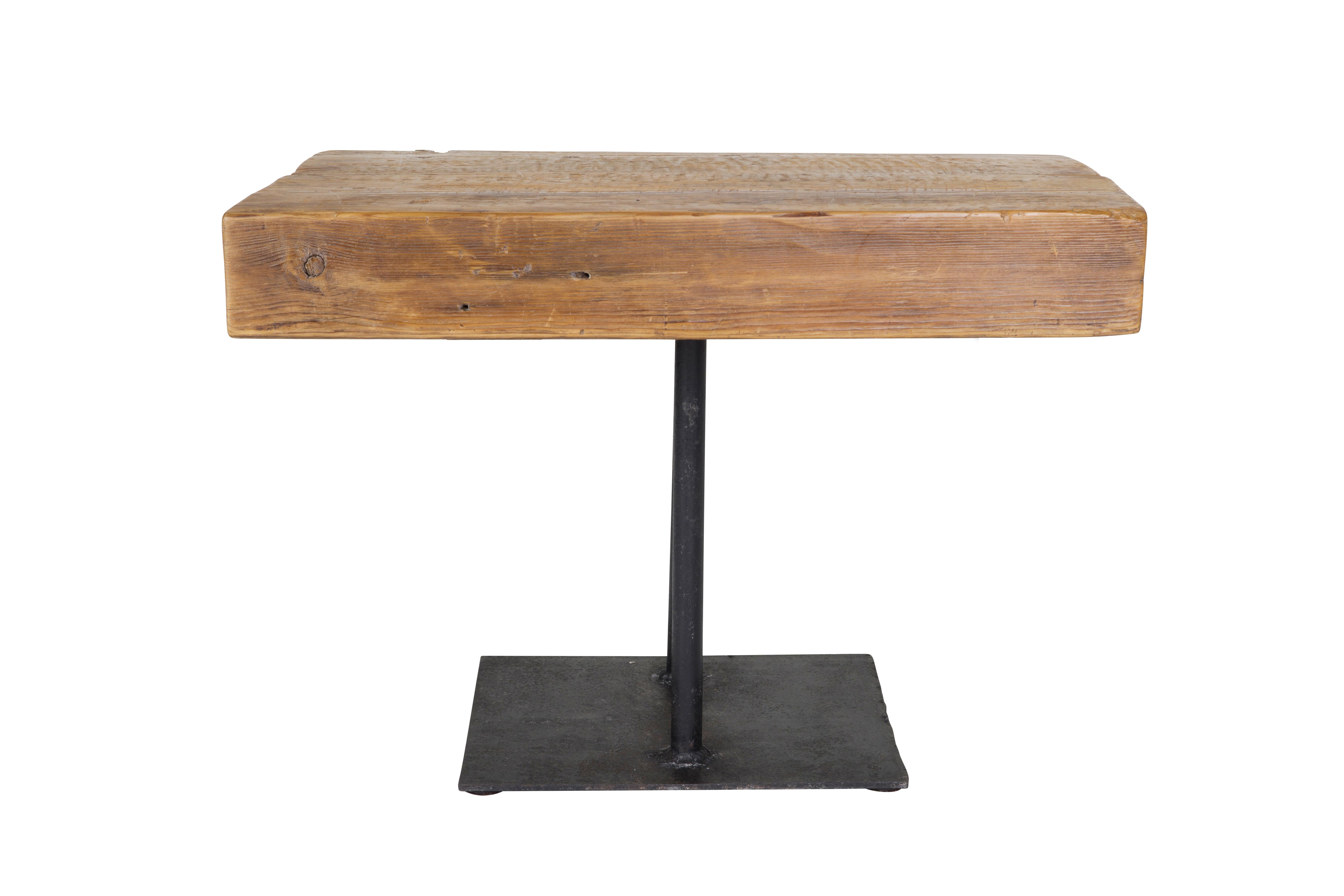 Contemporary Thick Beam Top Iron Base Side Table For Sale