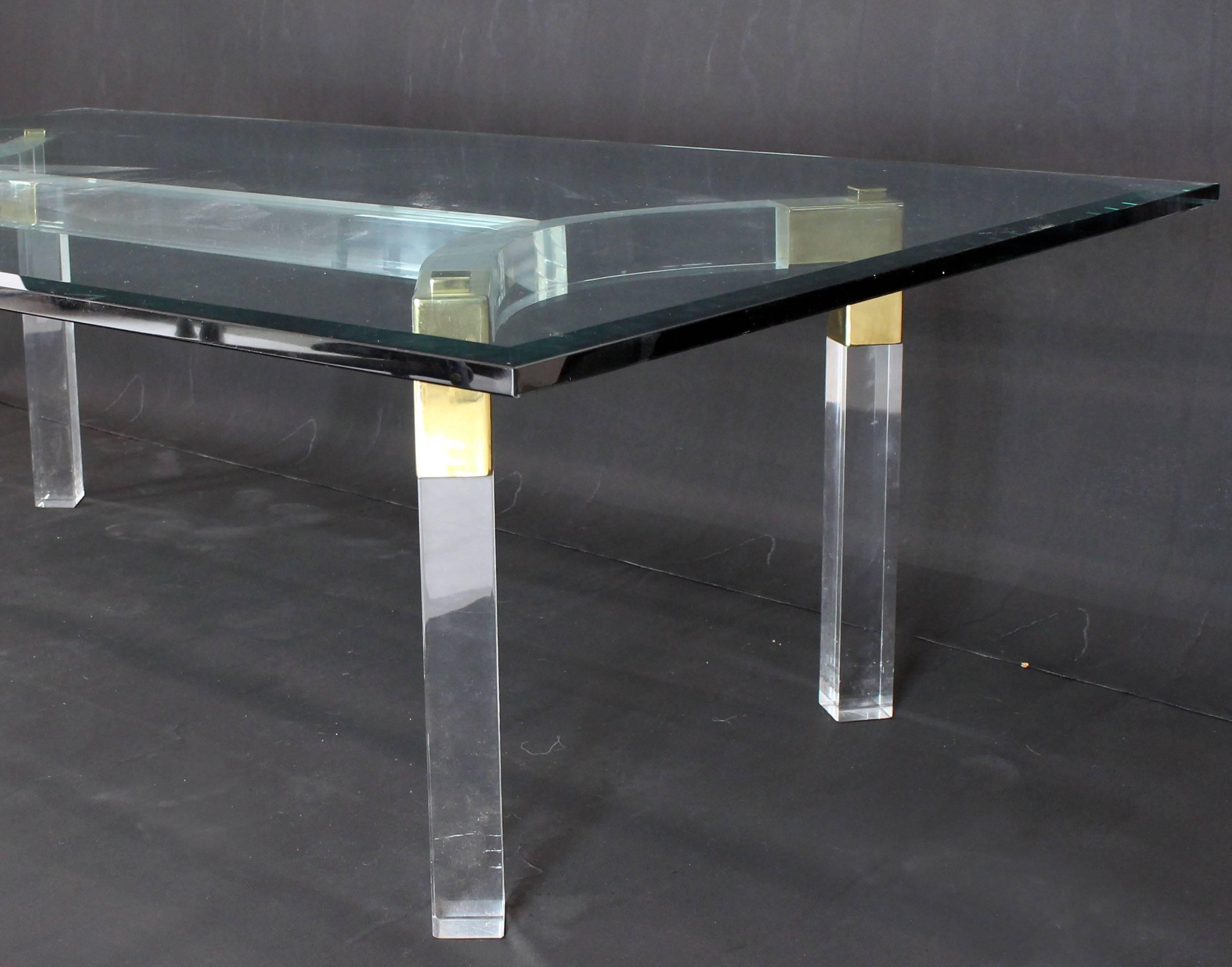 20th Century Thick Bent Lucite Brass Base Glass Top Large Rectangular Coffee Table