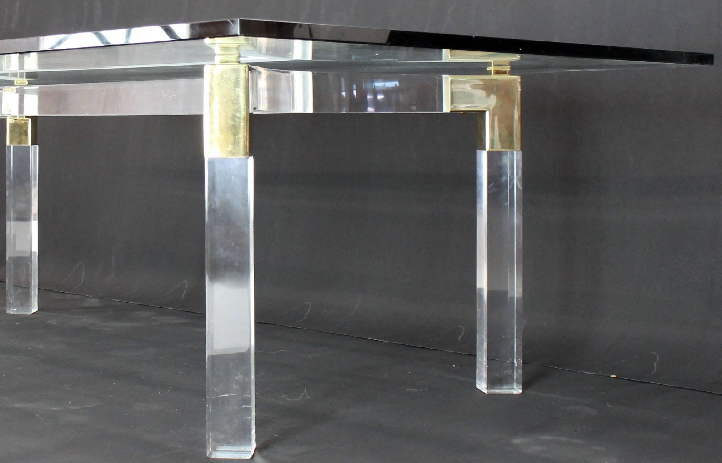 Thick Bent Lucite Brass Base Glass Top Large Rectangular Coffee Table 1