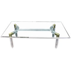 Thick Bent Lucite Brass Base Glass Top Large Rectangular Coffee Table
