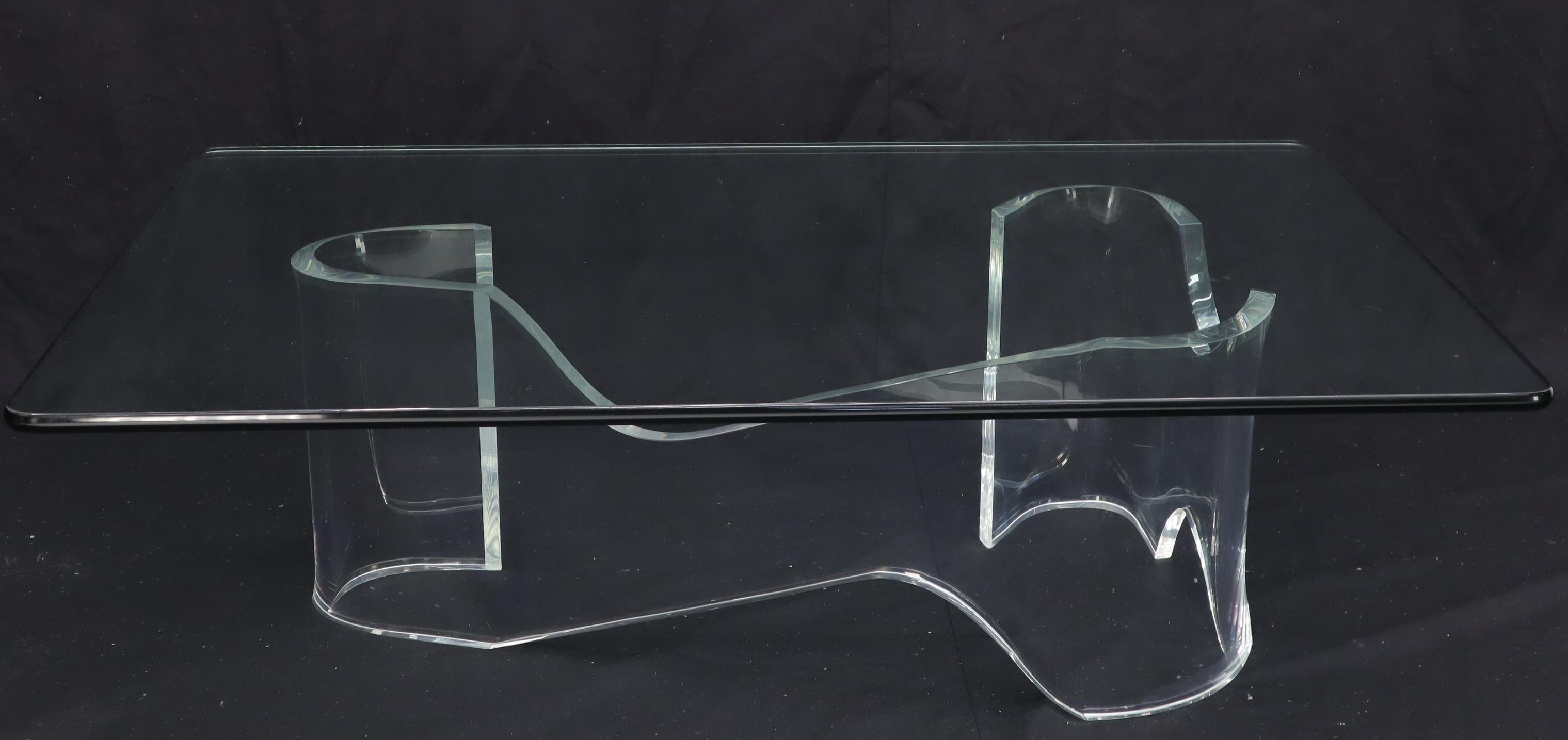 Thick Bent Lucite Organic Shape Base Rectangle Glass top Coffee Table For Sale 4