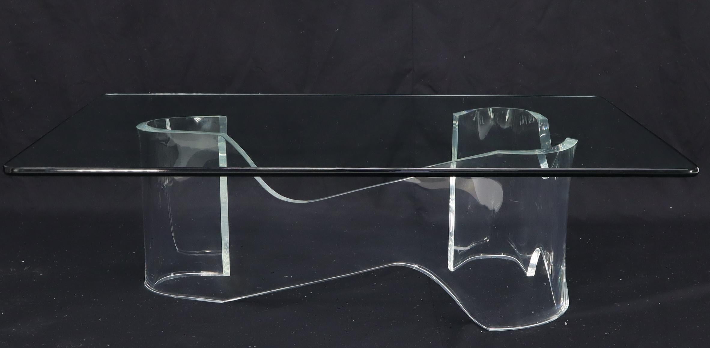 Mid-Century Modern Thick Bent Lucite Organic Shape Base Rectangle Glass top Coffee Table For Sale