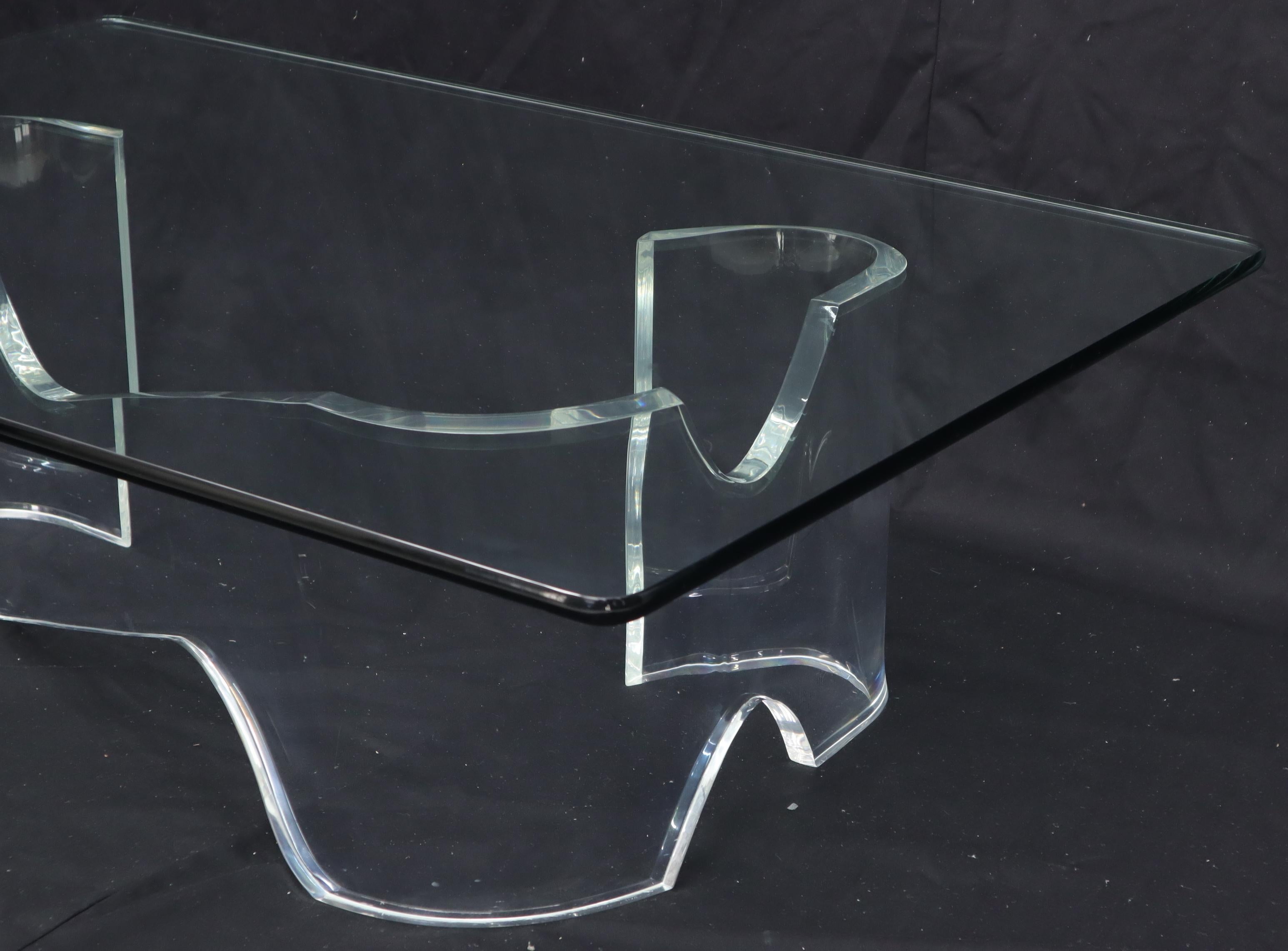Thick Bent Lucite Organic Shape Base Rectangle Glass top Coffee Table For Sale 3