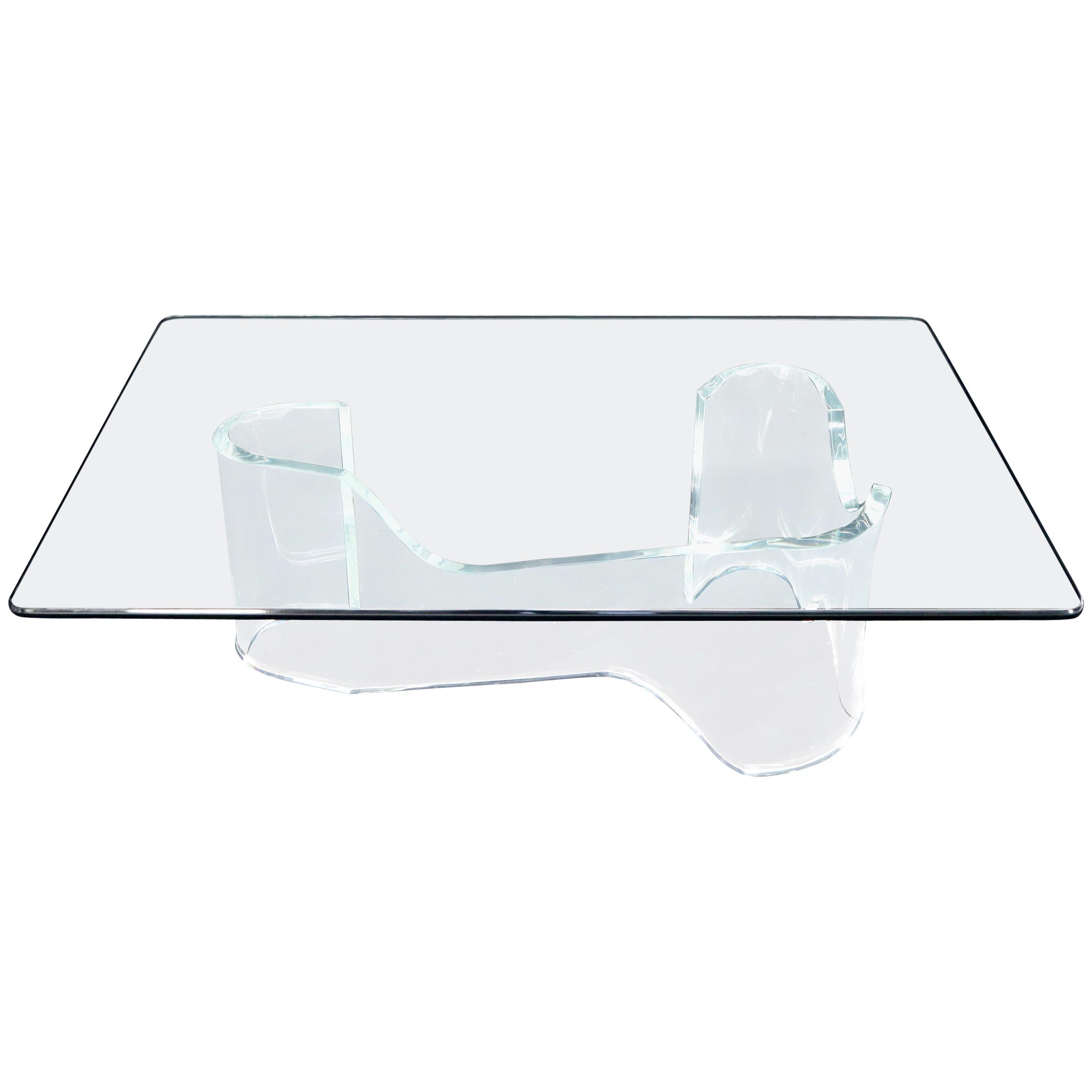 Thick Bent Lucite Organic Shape Base Rectangle Glass top Coffee Table For Sale