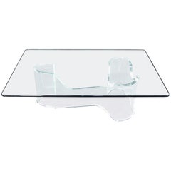 Thick Bent Lucite Organic Shape Base Rectangle Glass top Coffee Table