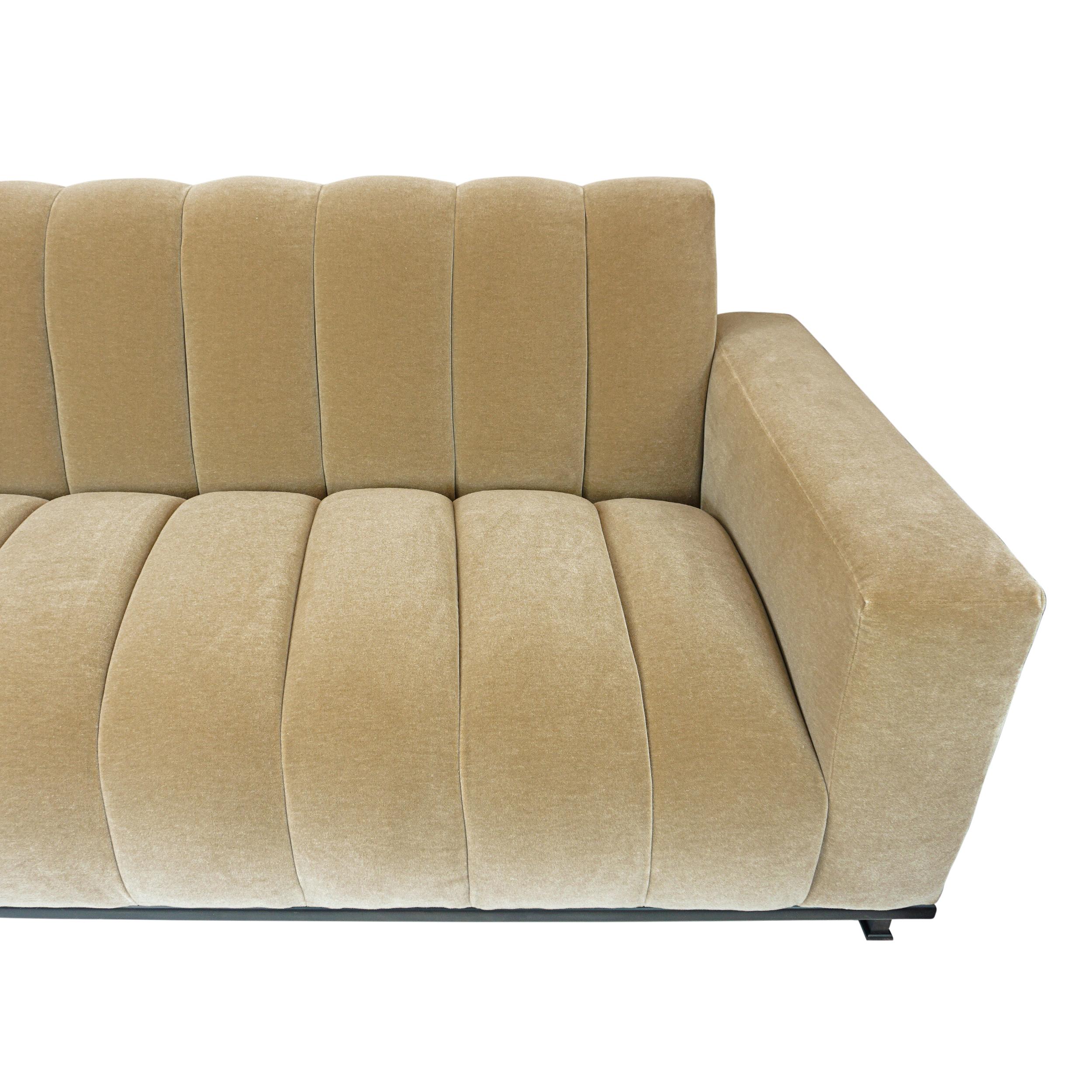 Thick Channeled Biege Velvet Sofa For Sale 4