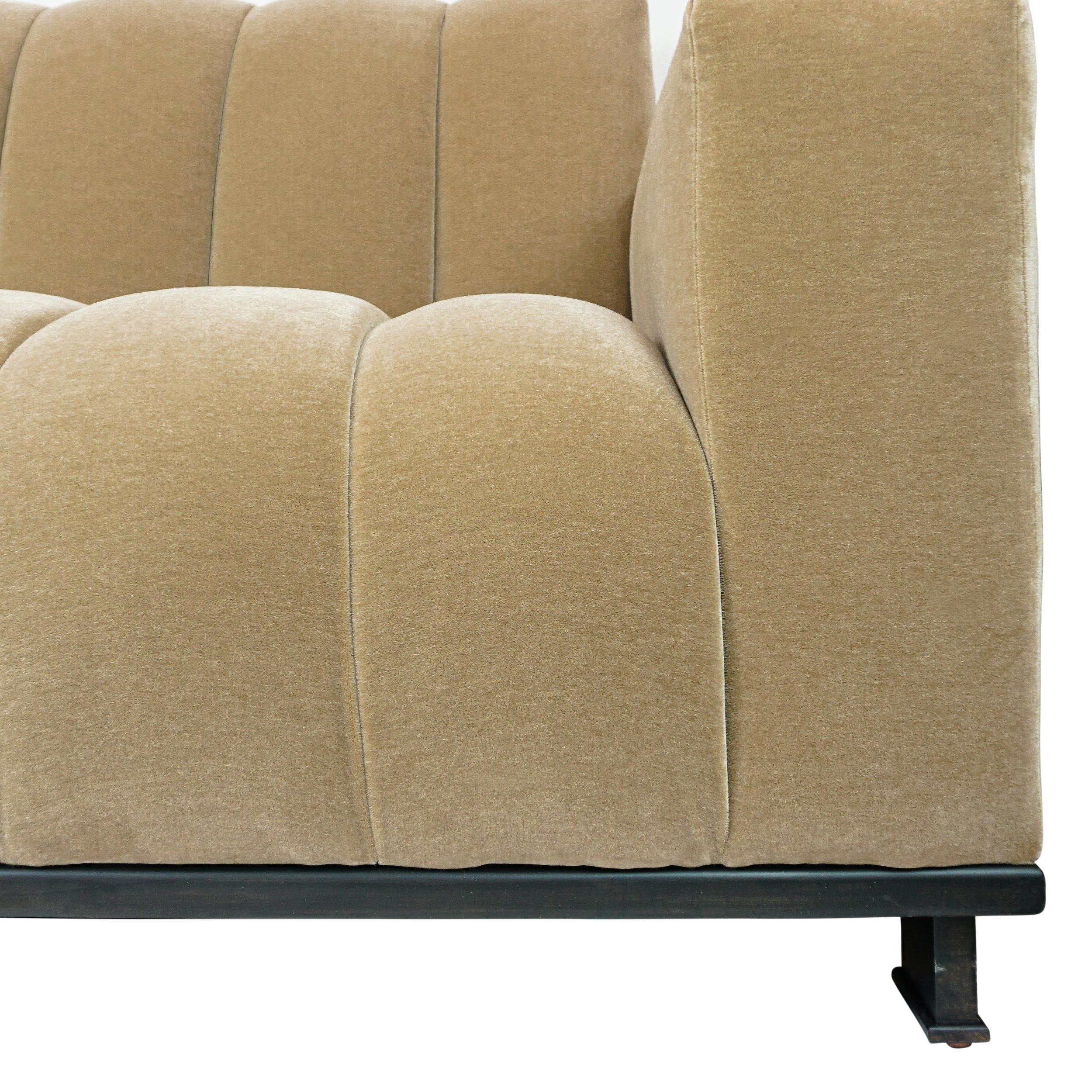 Thick Channeled Biege Velvet Sofa For Sale 8
