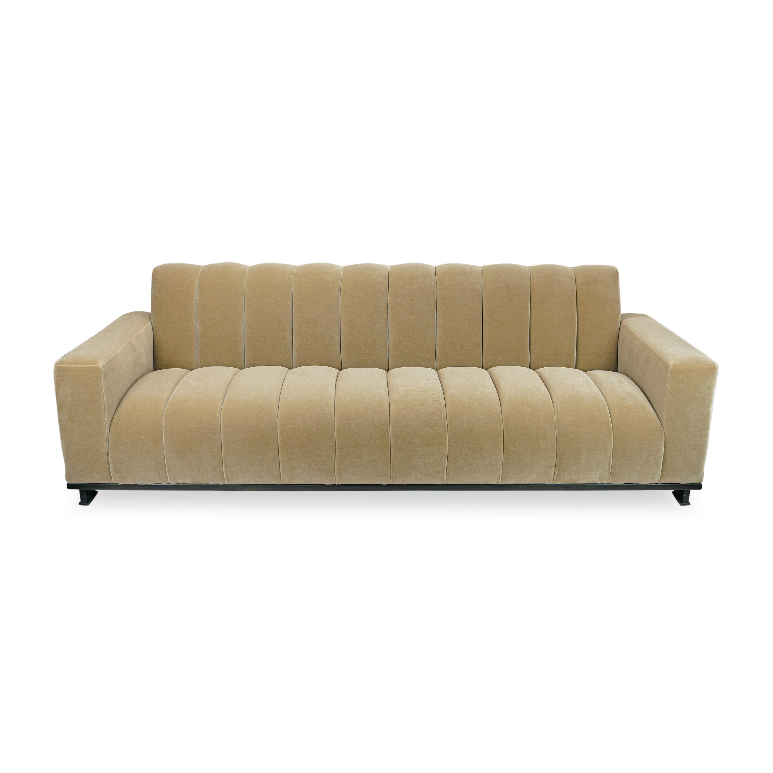 Modern Thick Channeled Biege Velvet Sofa For Sale