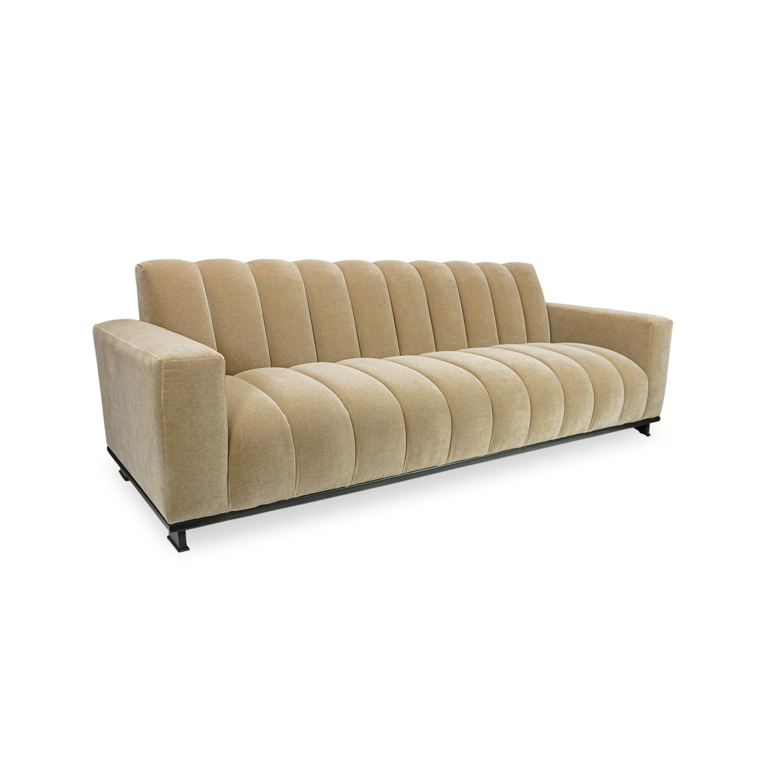 Lacquered Thick Channeled Biege Velvet Sofa For Sale