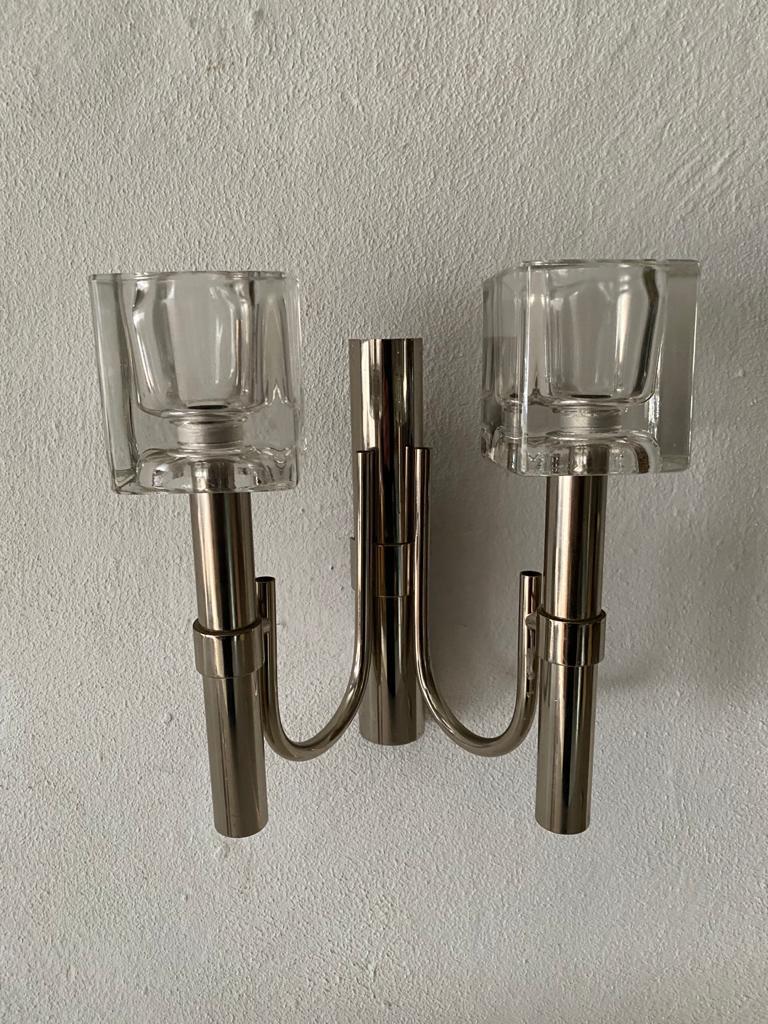Thick Cube Glass & Chrome Pair of Sconces by Peill & Putzler, 1970s, Germany For Sale 6