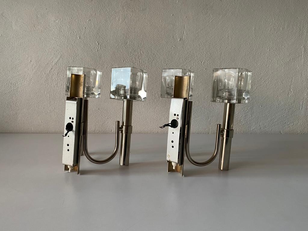 Thick Cube Glass & Chrome Pair of Sconces by Peill & Putzler, 1970s, Germany For Sale 10