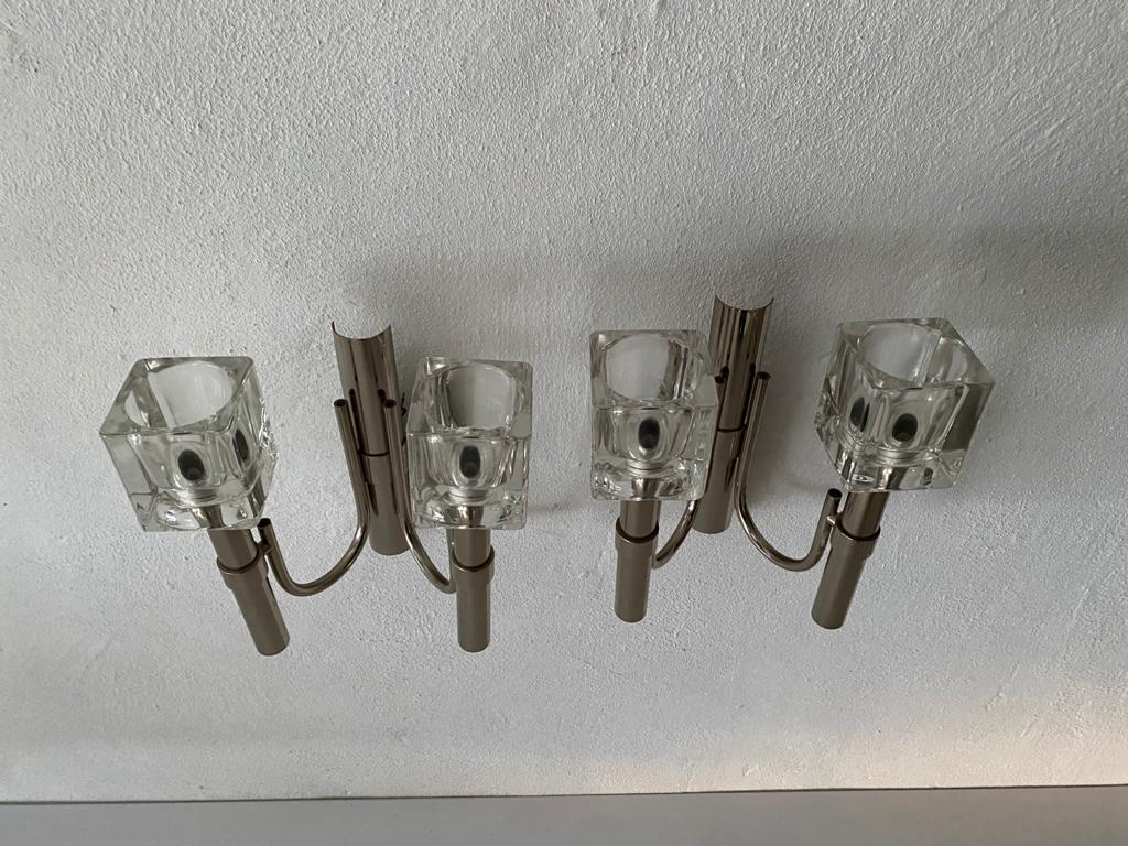 Thick Cube Glass & Chrome Pair of Sconces by Peill & Putzler, 1970s, Germany In Good Condition For Sale In Hagenbach, DE