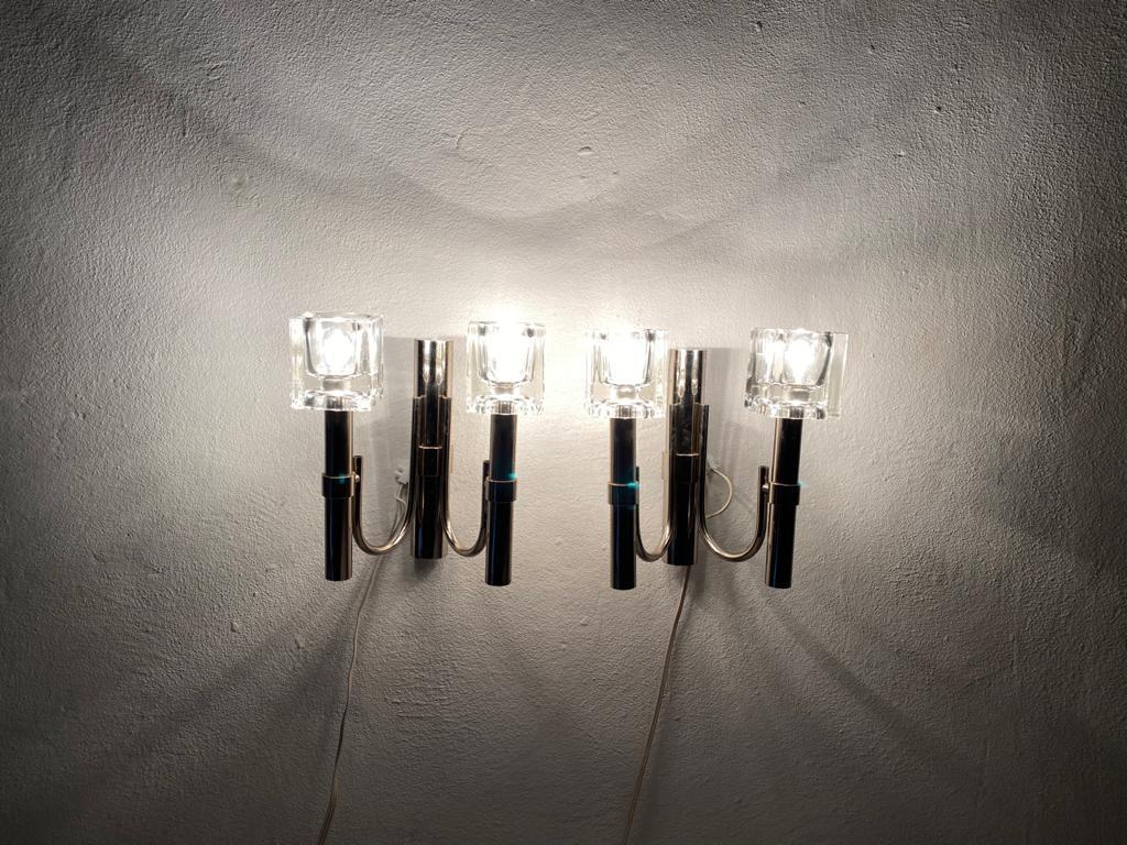 Thick Cube Glass & Chrome Pair of Sconces by Peill & Putzler, 1970s, Germany For Sale 1