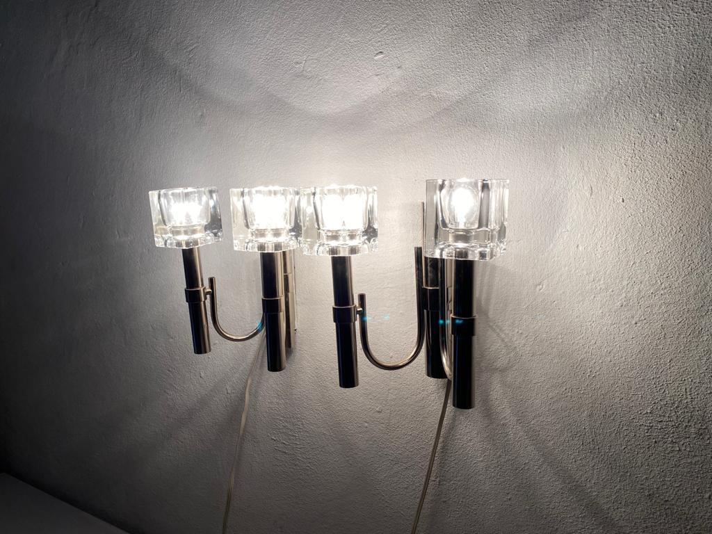 Thick Cube Glass & Chrome Pair of Sconces by Peill & Putzler, 1970s, Germany For Sale 2