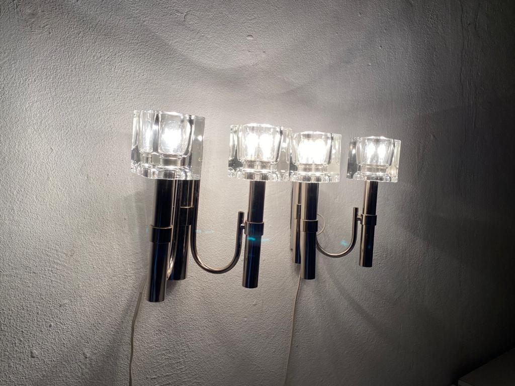 Thick Cube Glass & Chrome Pair of Sconces by Peill & Putzler, 1970s, Germany For Sale 3