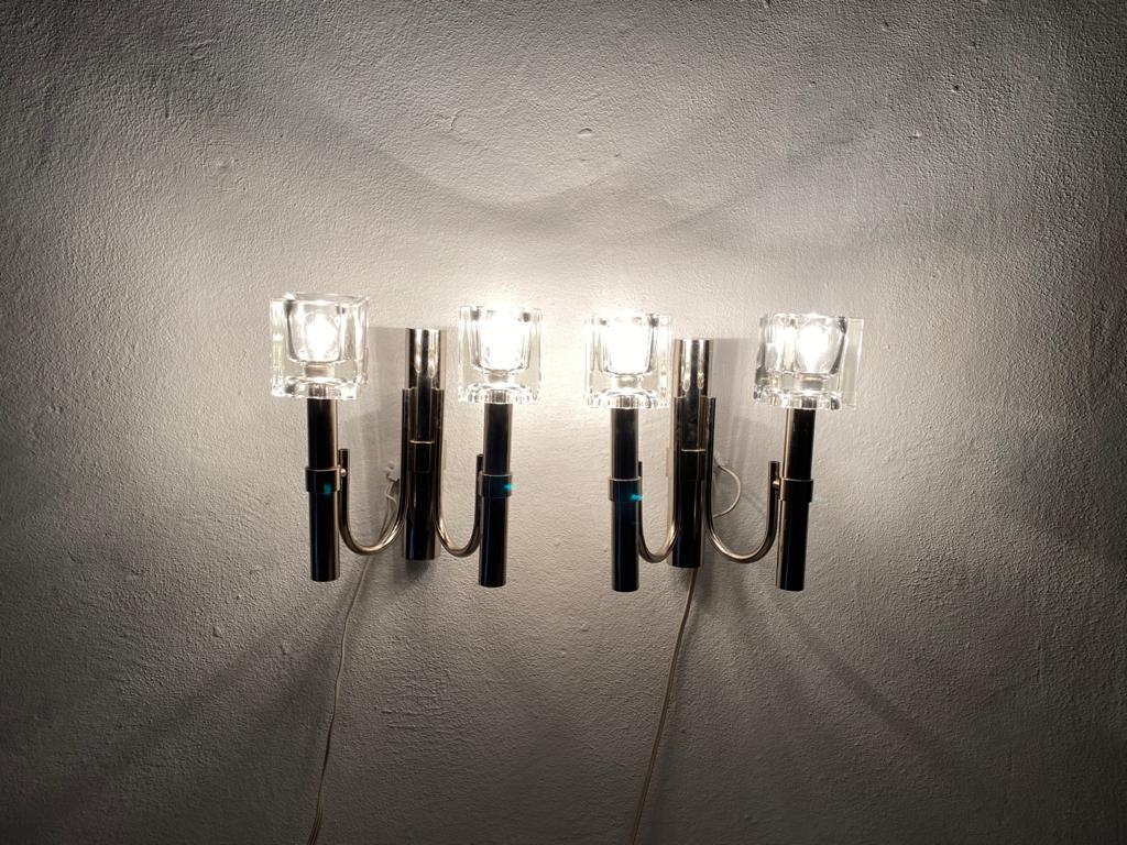 Thick Cube Glass & Chrome Pair of Sconces by Peill & Putzler, 1970s, Germany For Sale 4