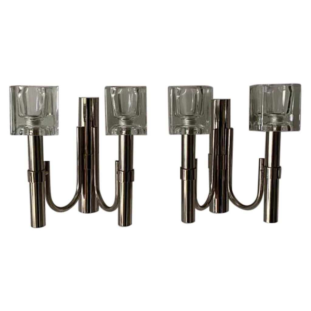 Thick Cube Glass & Chrome Pair of Sconces by Peill & Putzler, 1970s, Germany