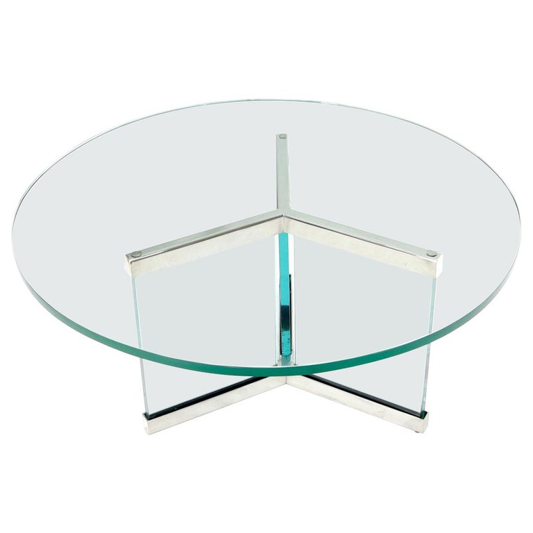 Thick Glass and Chrome Round Mid-Century Modern Coffee Table For Sale