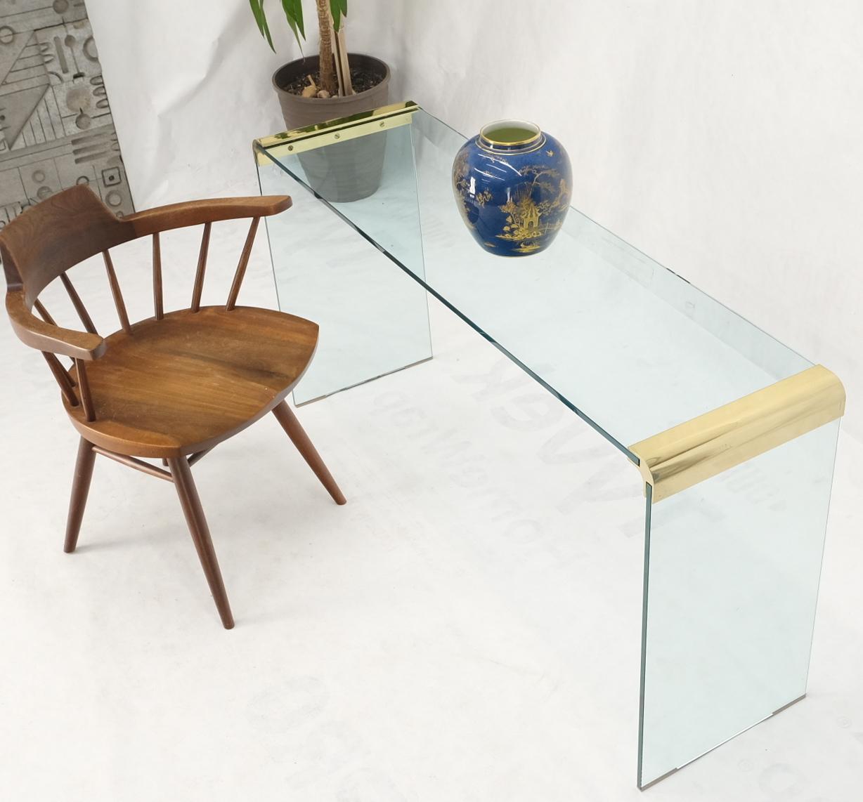 Brass Thick Glass Bracket Shape Console Sofa Table Pace Collection