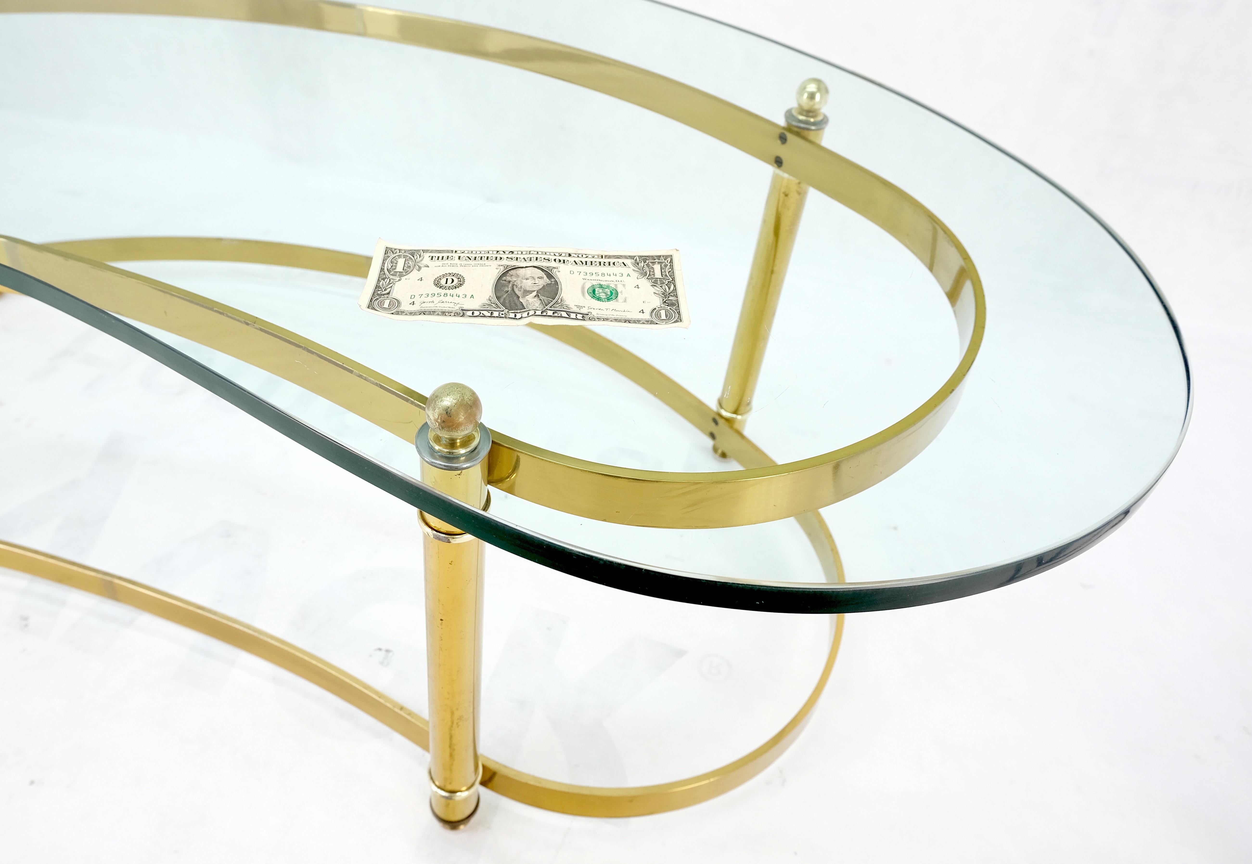 Thick Glass Kidney Shape Brass Base Mid-Century Modern Coffee Table For Sale 2