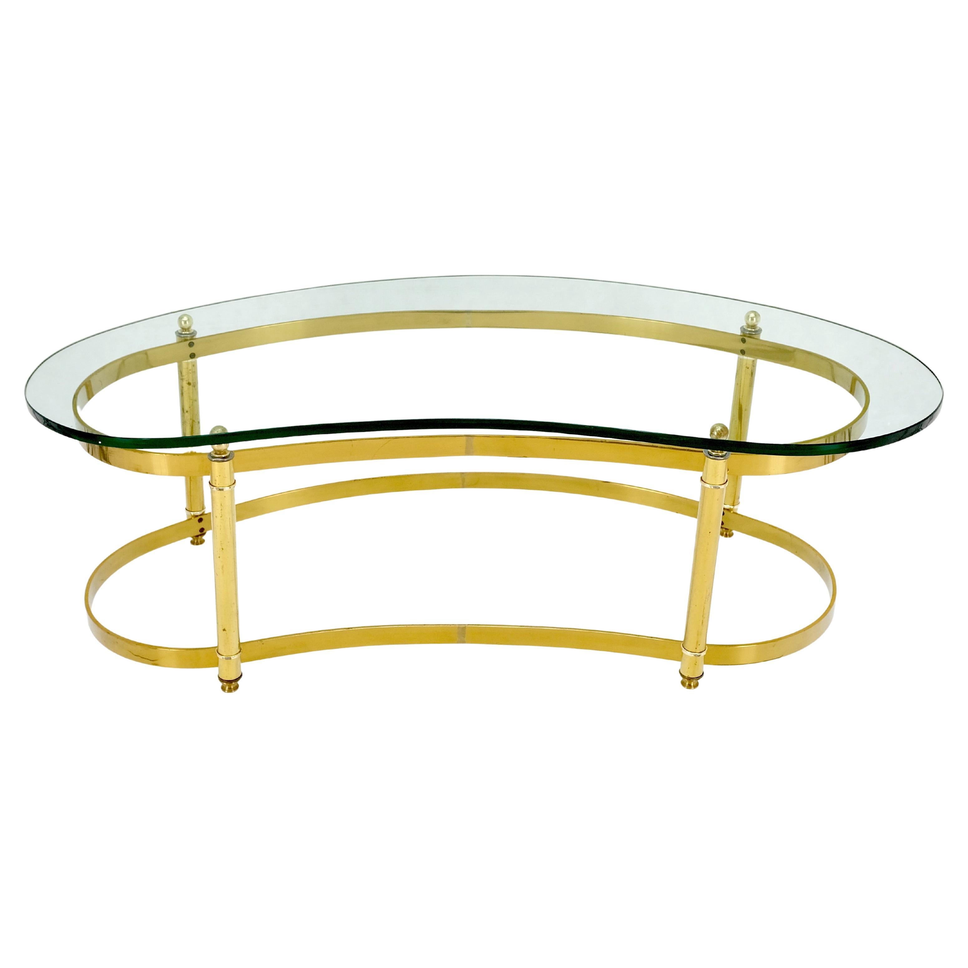 Thick Glass Kidney Shape Brass Base Mid-Century Modern Coffee Table For Sale