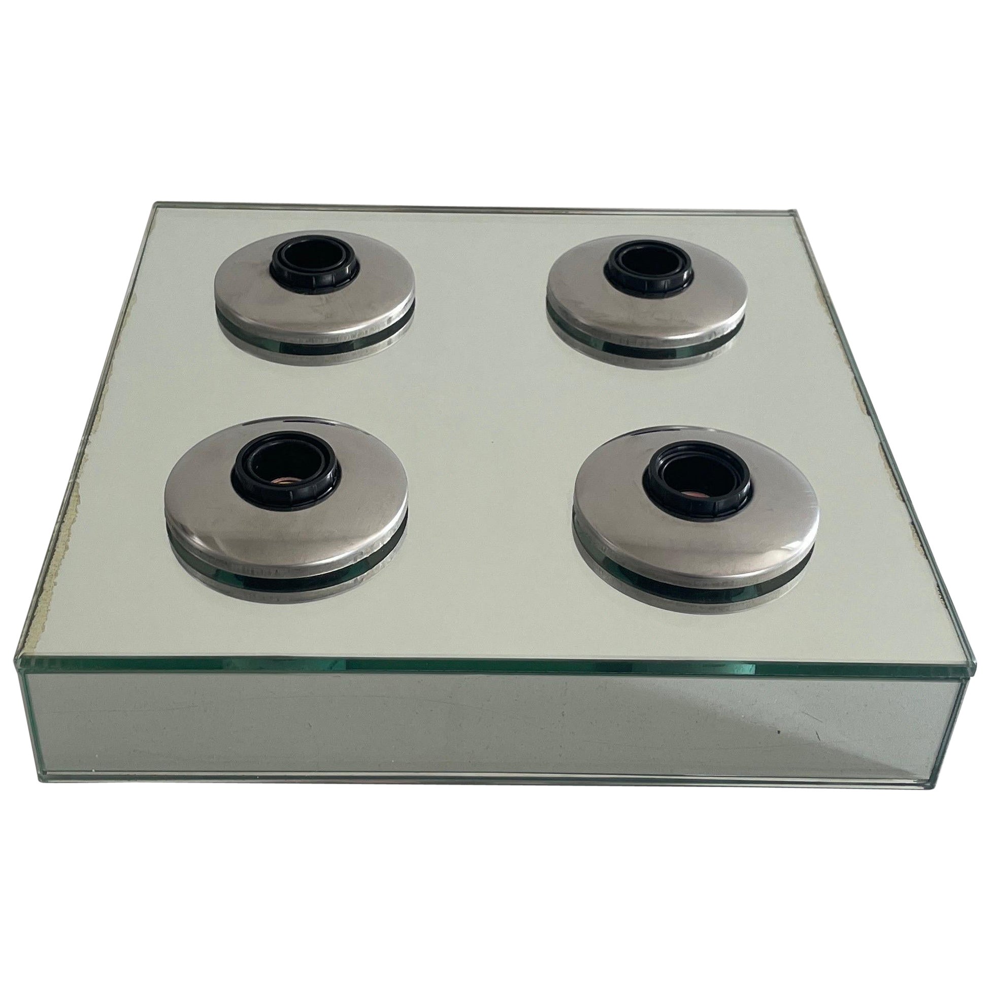 Thick Glass Square Design 4 Socket Flush Mount Light by Luci, 1960s, Italy For Sale