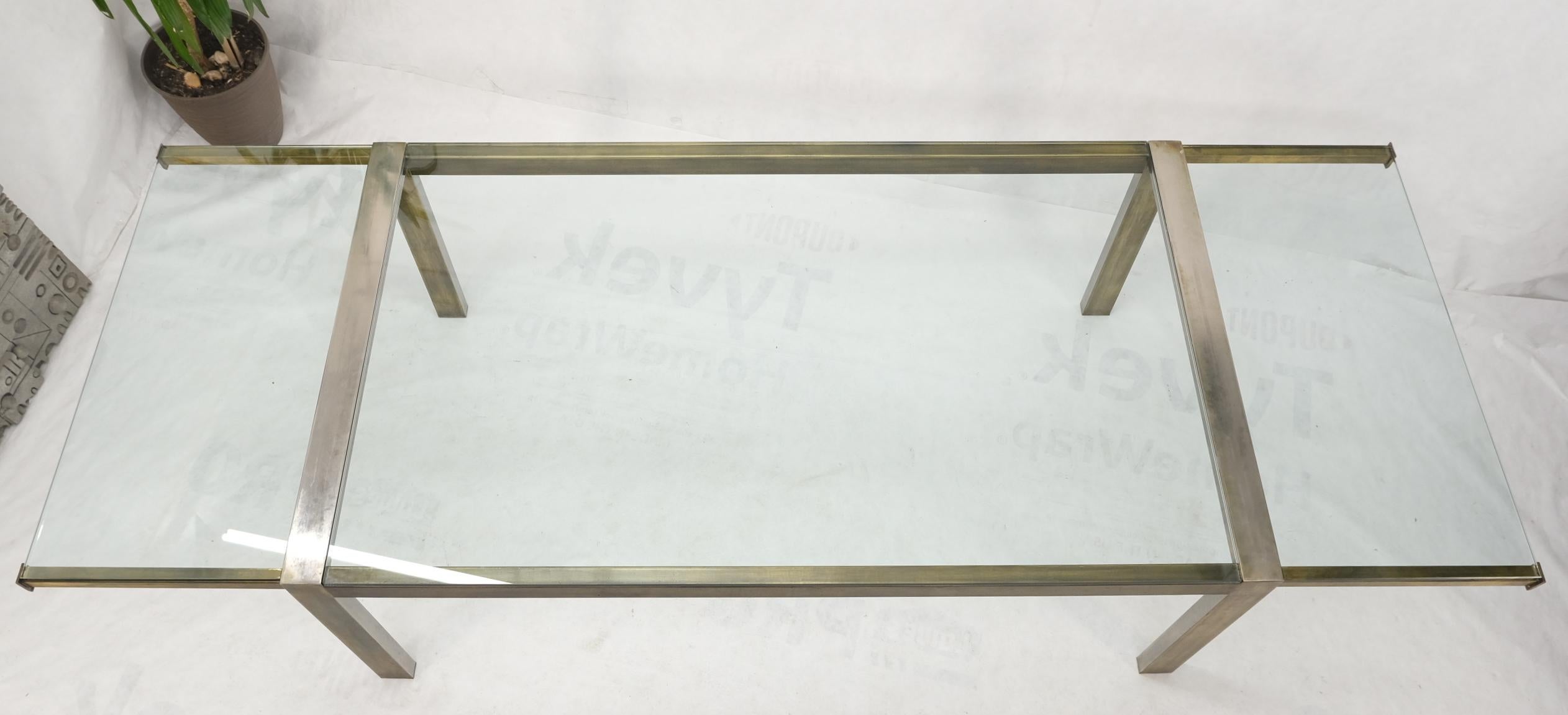 Mid-Century Modern Thick Glass Top Metal Bronze Finish Frame Dining Table w/ 2 Extension Boards