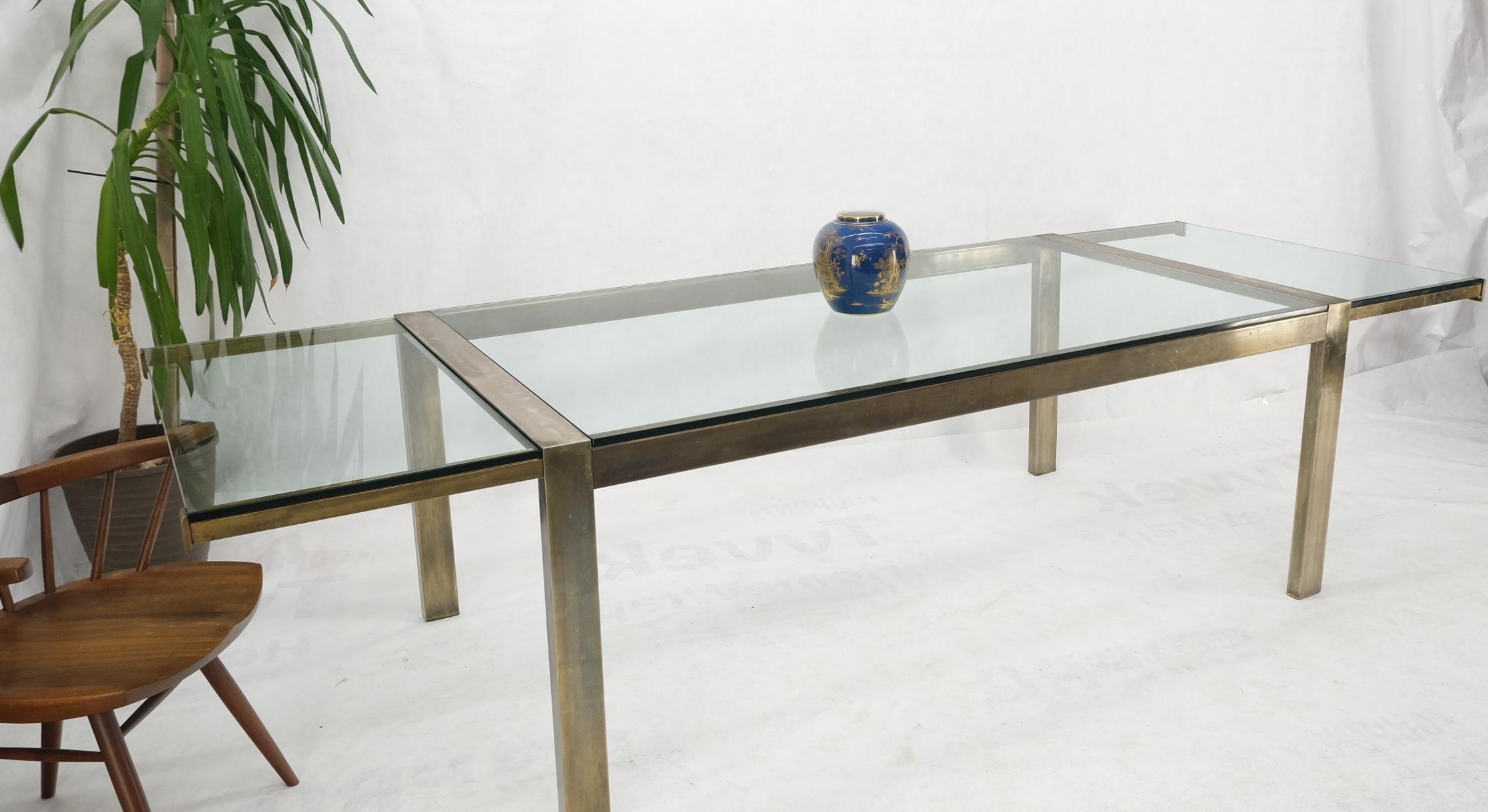 20th Century Thick Glass Top Metal Bronze Finish Frame Dining Table w/ 2 Extension Boards
