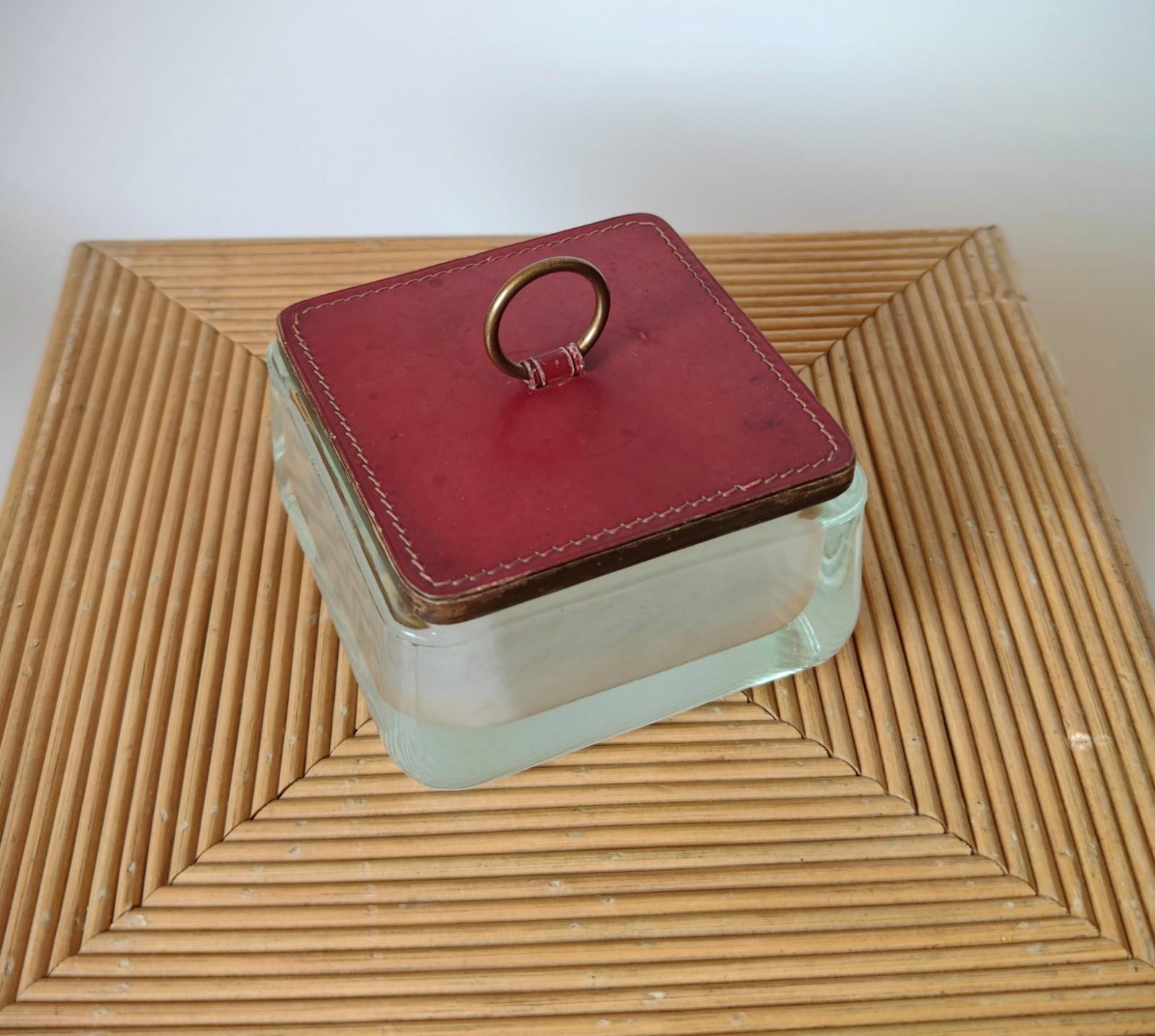Molded Thick Glass with Red Leather Cap & Brass Accents Box by Kearby Beard & Co.