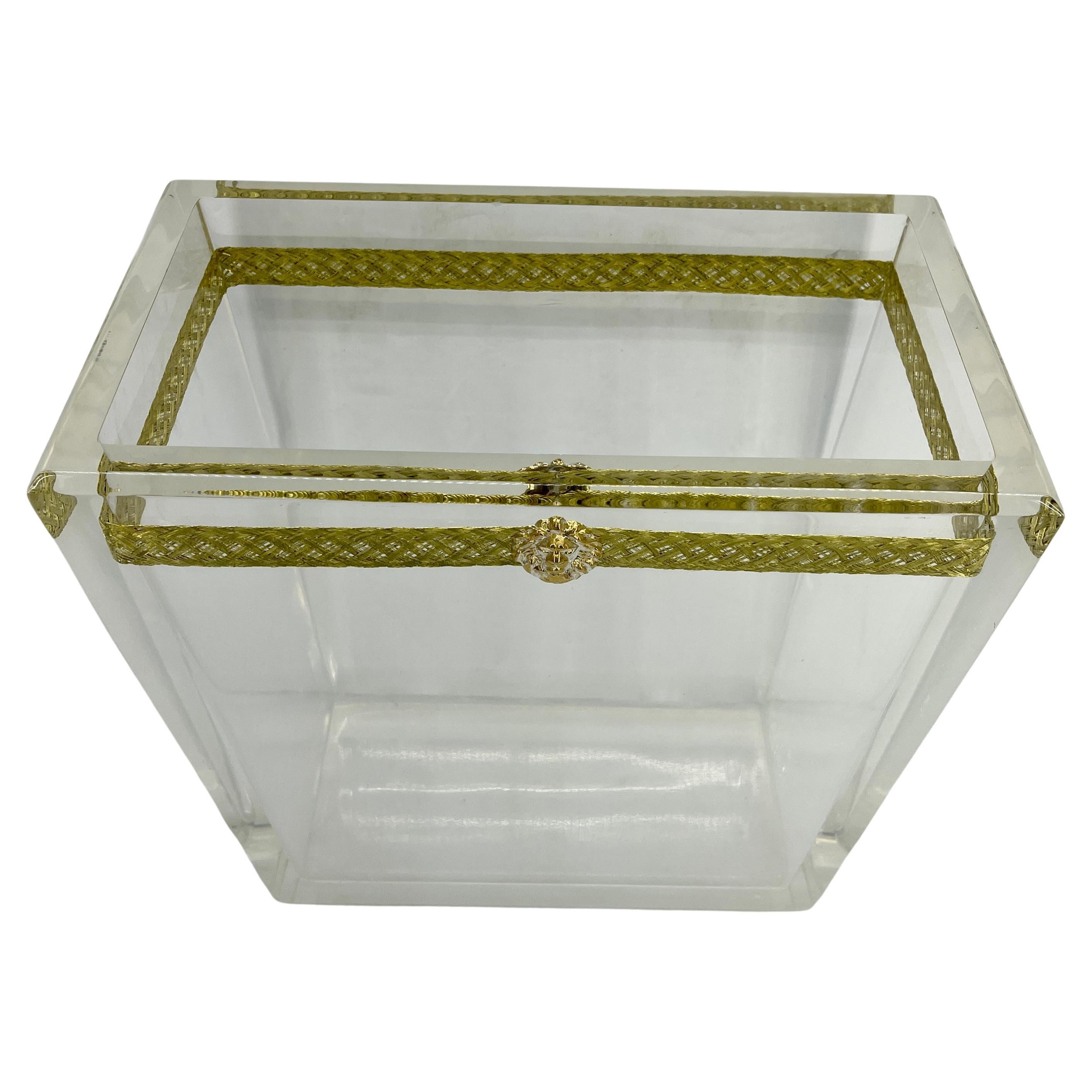 Italian Mid-Century Modern thick lucite magazine rack or trash can, with lion head and gilt metal thread.