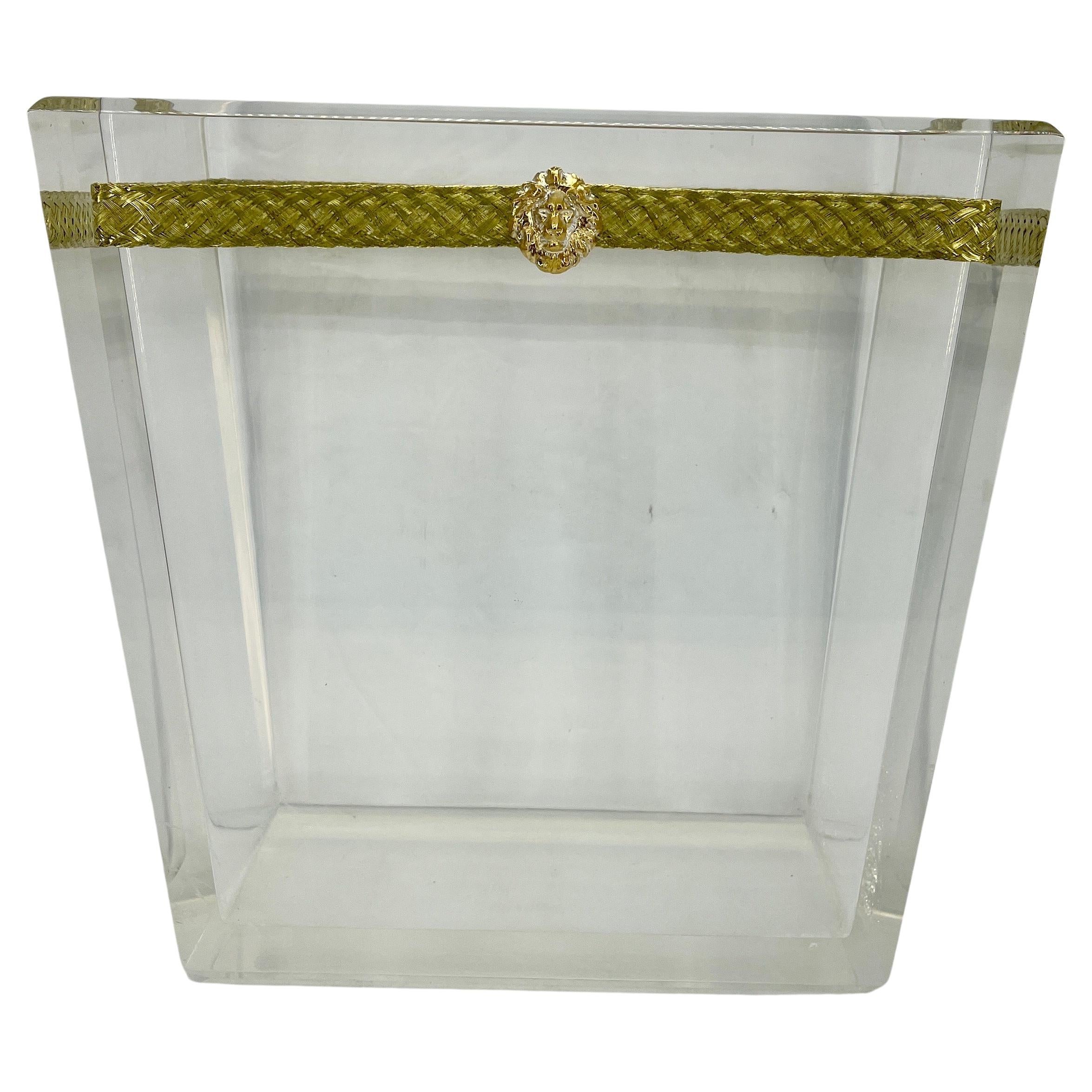 Hollywood Regency Thick Lucite Italian Magazine Rack with Lion Head and Gilt Metal Thread, Italy