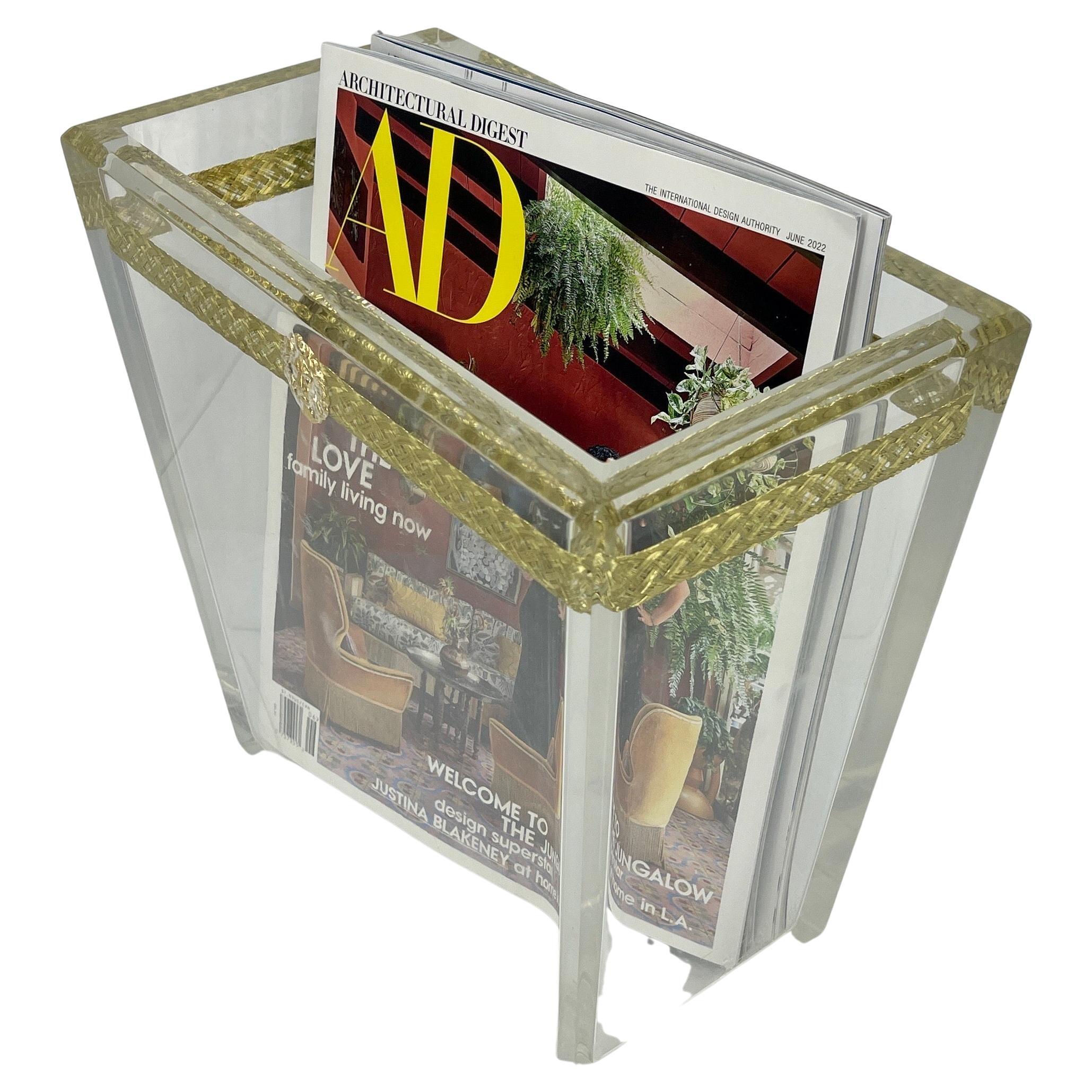 Hand-Crafted Thick Lucite Italian Magazine Rack with Lion Head and Gilt Metal Thread, Italy