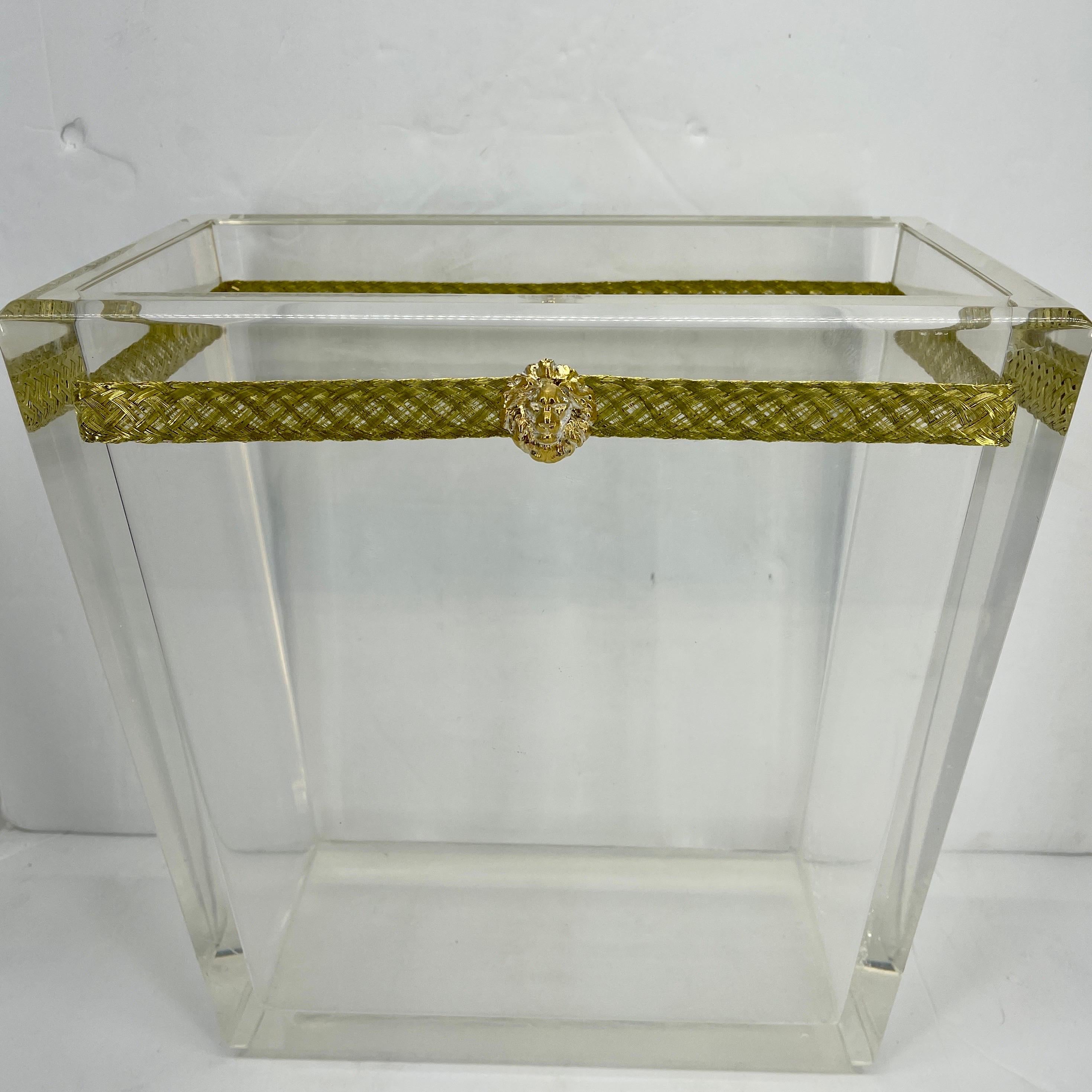 Mid-20th Century Thick Lucite Italian Magazine Rack with Lion Head and Gilt Metal Thread, Italy