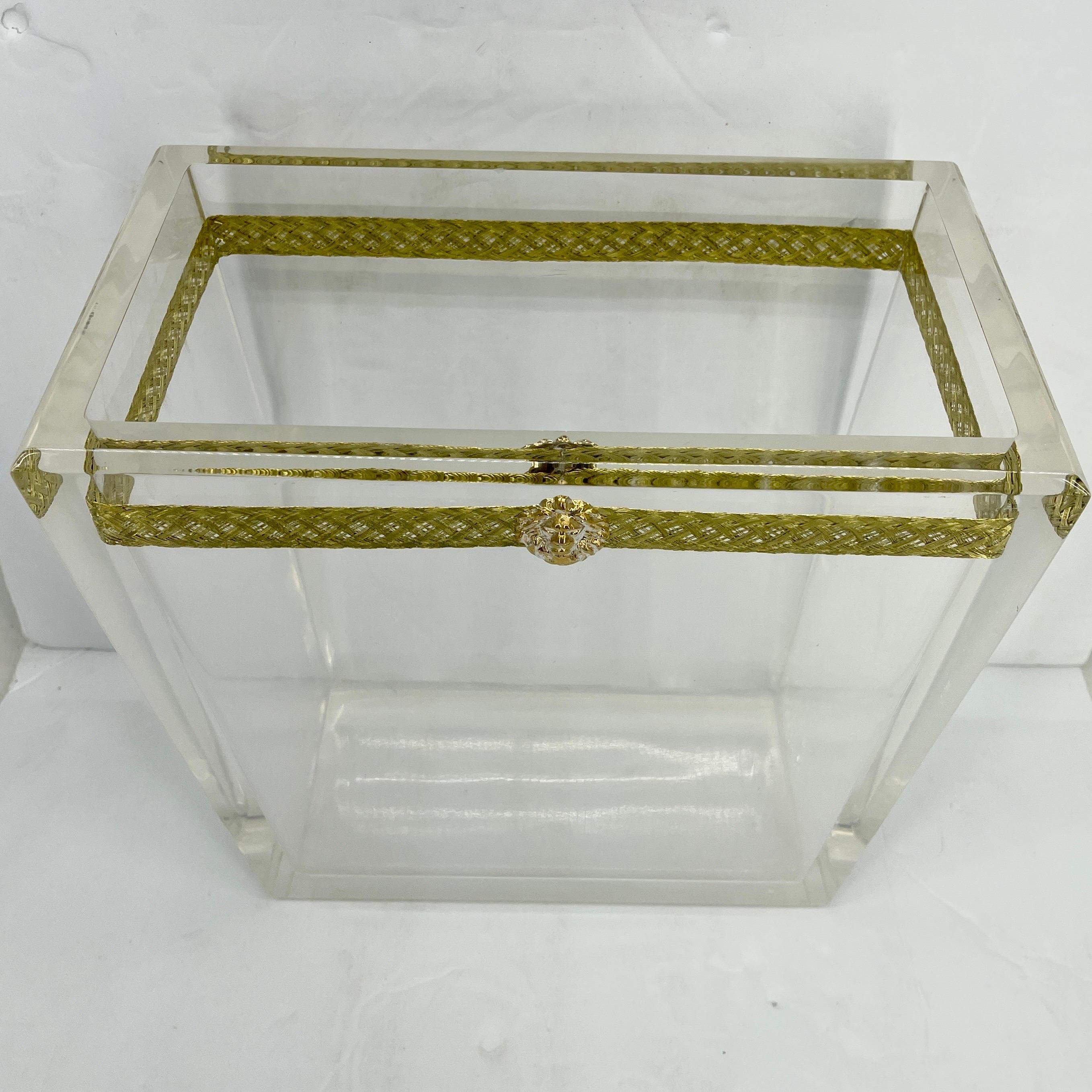 Thick Lucite Italian Magazine Rack with Lion Head and Gilt Metal Thread, Italy 1