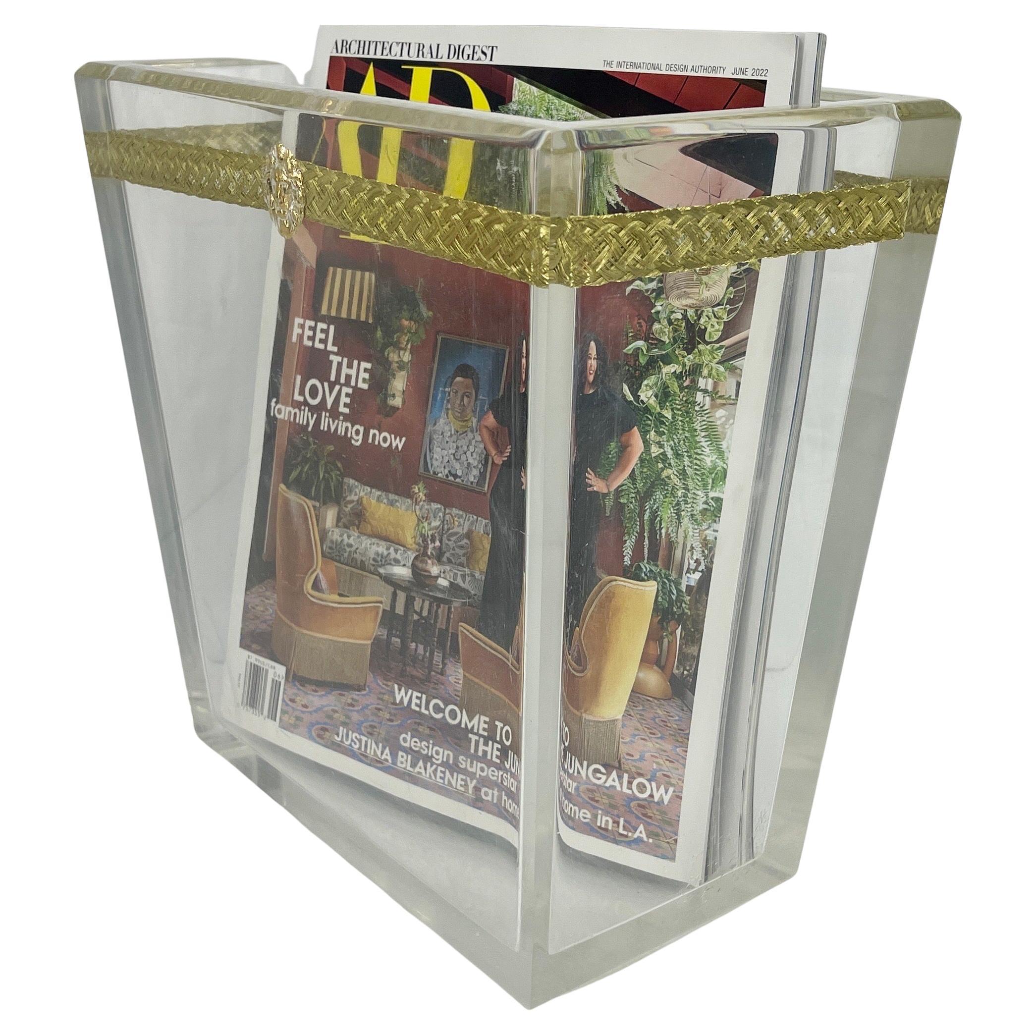 Thick Lucite Italian Magazine Rack with Lion Head and Gilt Metal Thread, Italy