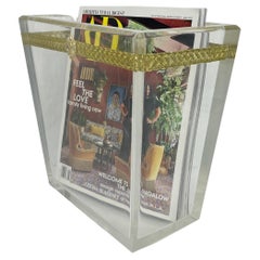 Vintage Thick Lucite Italian Magazine Rack with Lion Head and Gilt Metal Thread, Italy