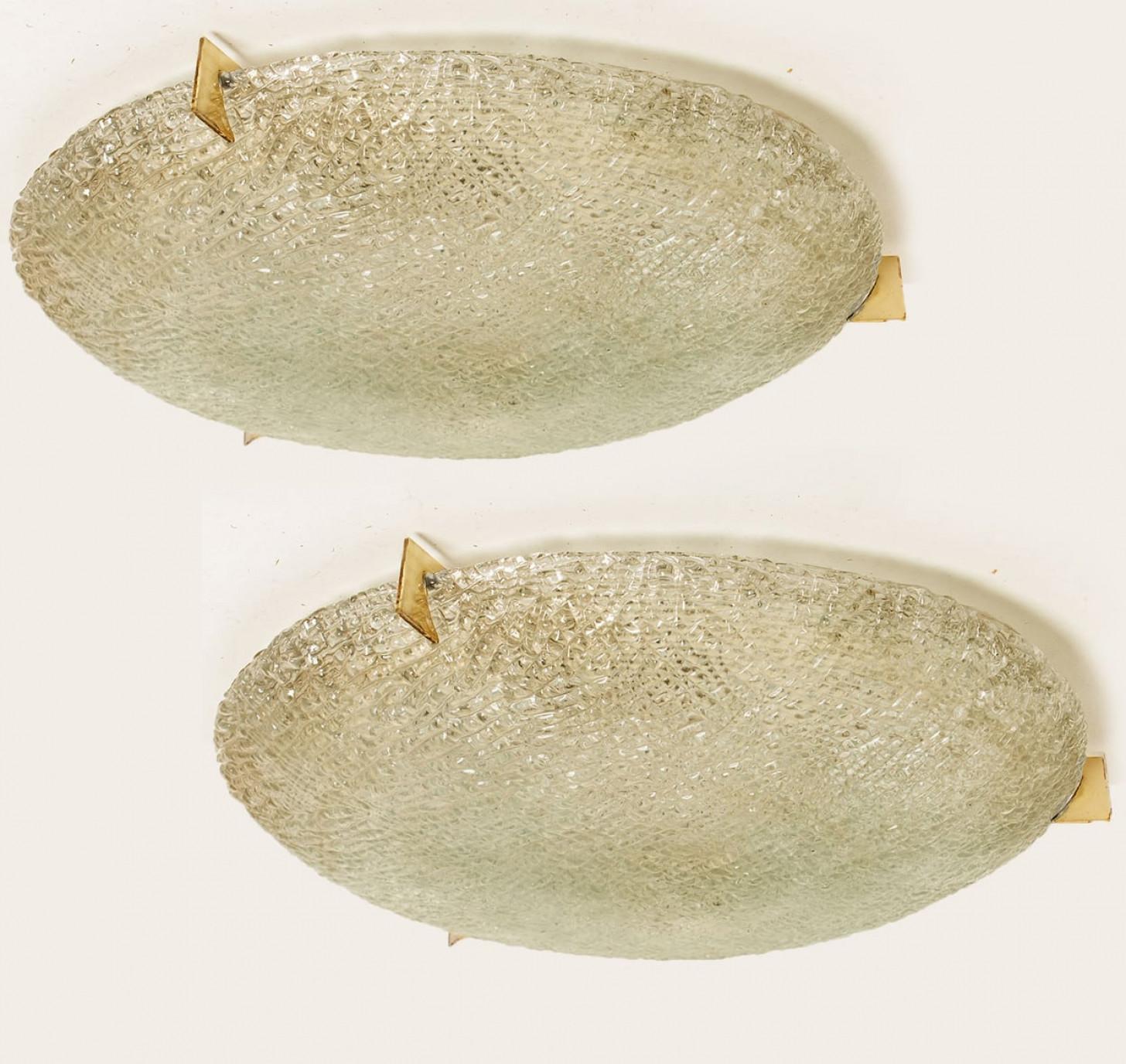 Thick Massive Handmade Glass Brass Flush Mount by Hillebrand, 1965 Moderno de mediados de siglo en venta