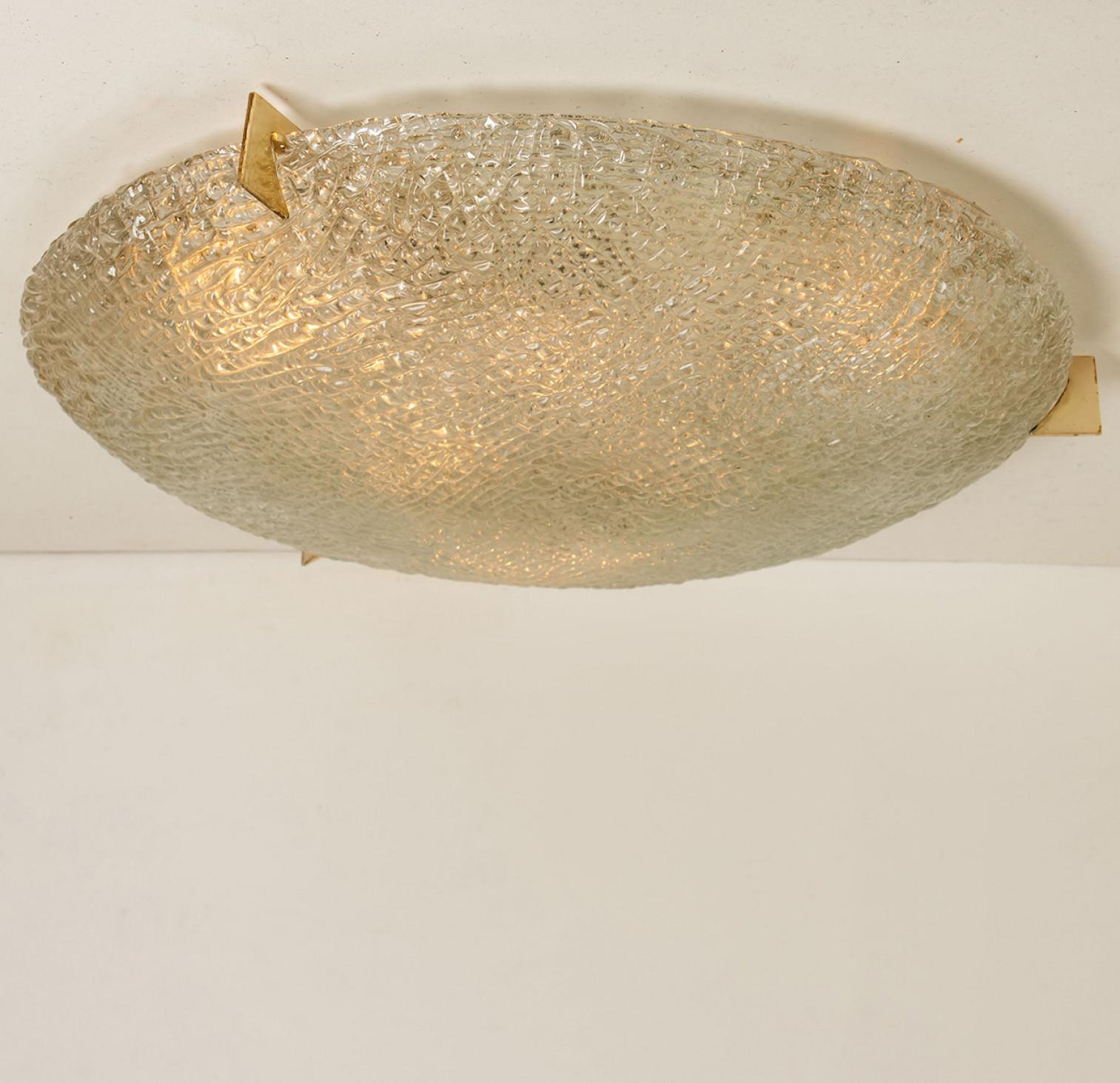 Other Thick Massive Handmade Glass Brass Flush Mount by Hillebrand, 1965 For Sale