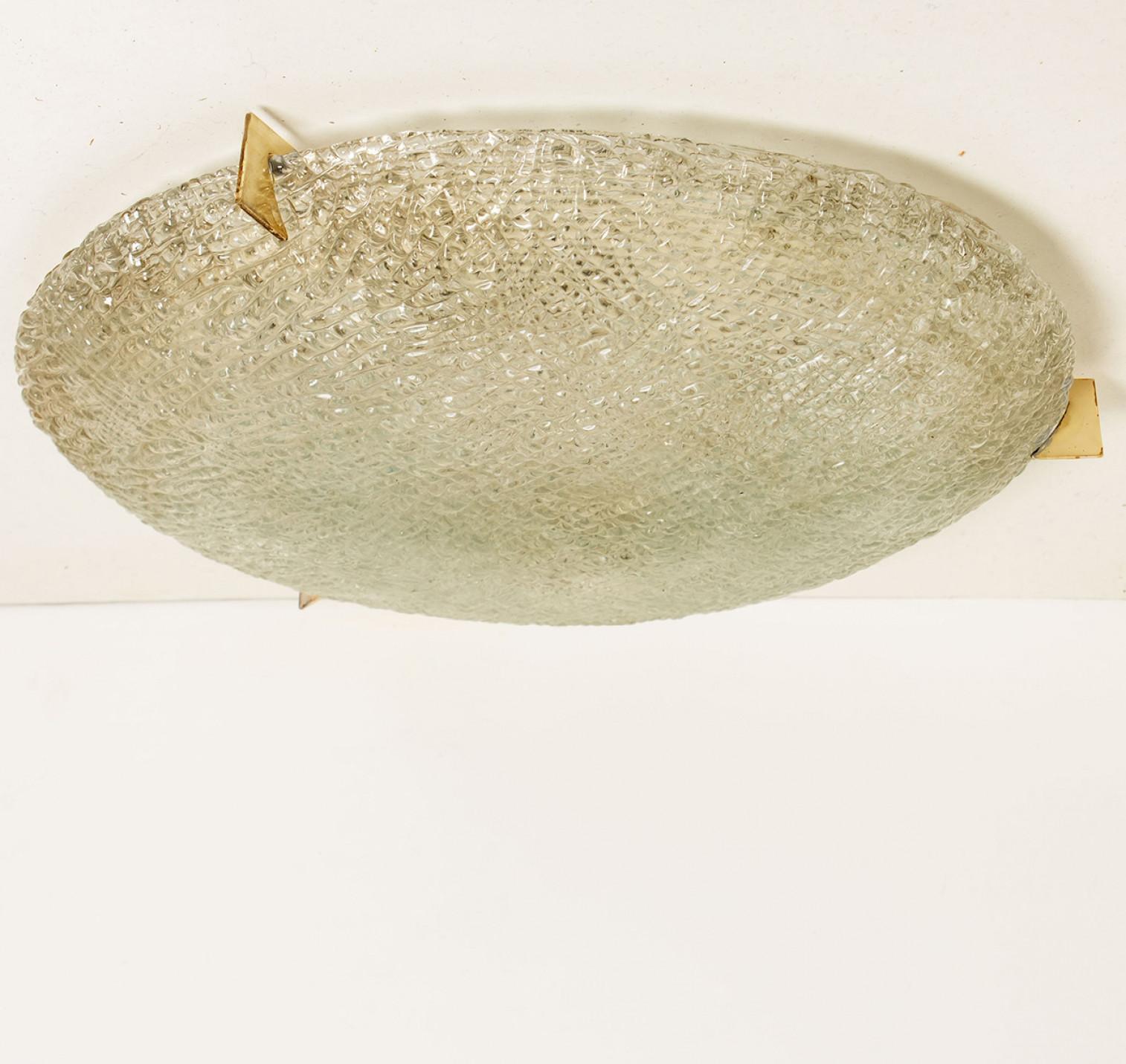 Thick Massive Handmade Glass Brass Flush Mount by Hillebrand, 1965 In Good Condition For Sale In Rijssen, NL