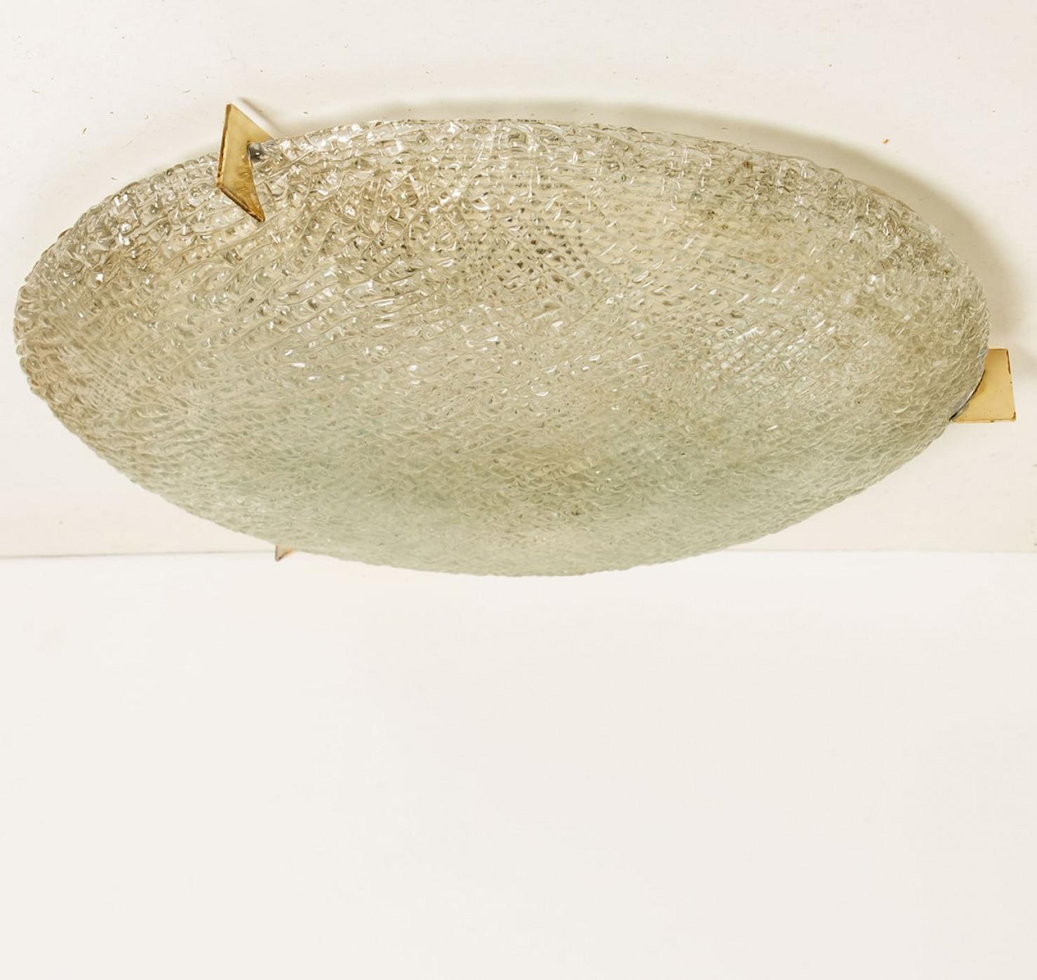 Thick Massive Handmade Glass Brass Flush Mount by Hillebrand, 1965 en Bueno estado para la venta en Rijssen, NL