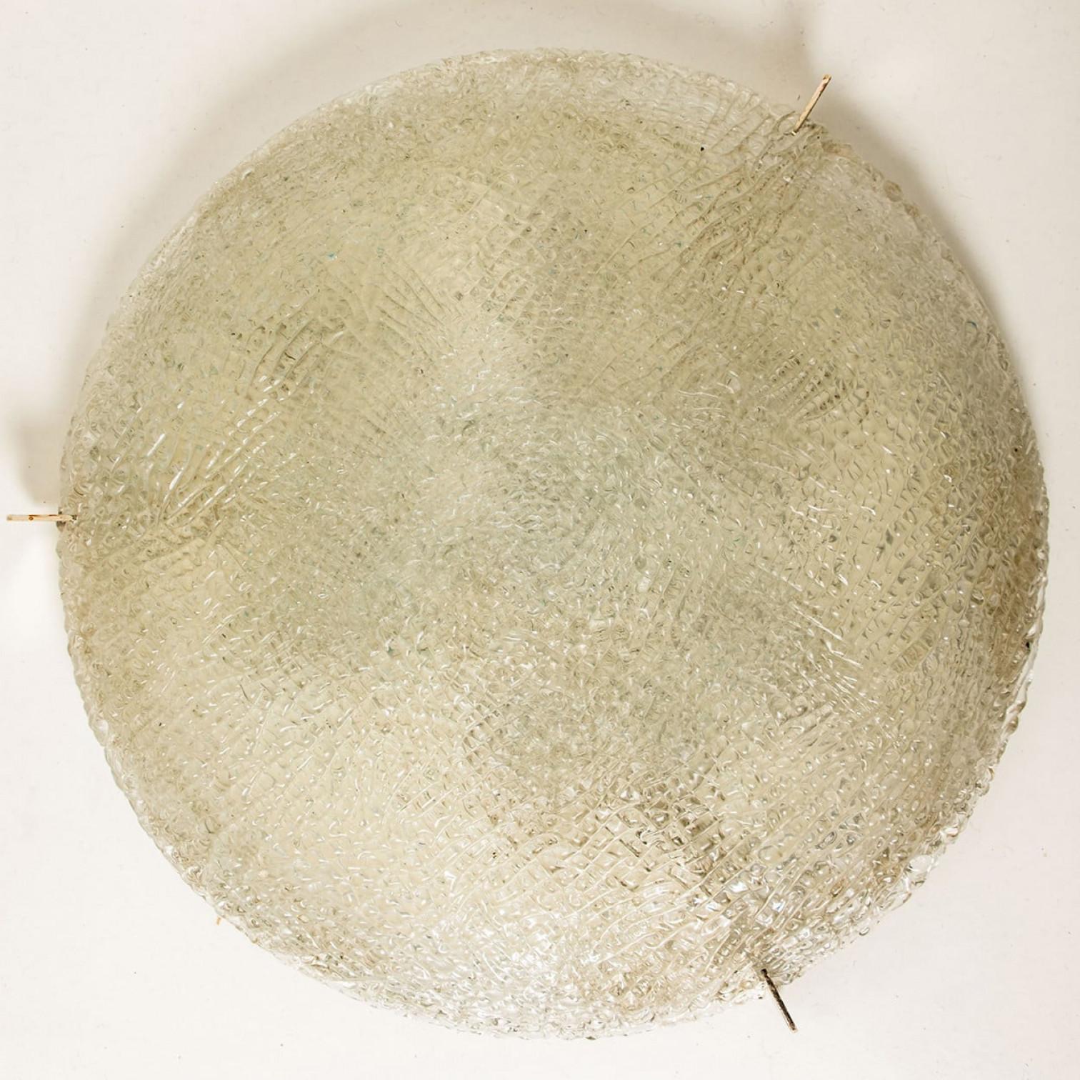 Thick Massive Handmade Glass Brass Flush Mount by Hillebrand, 1965 Latón en venta