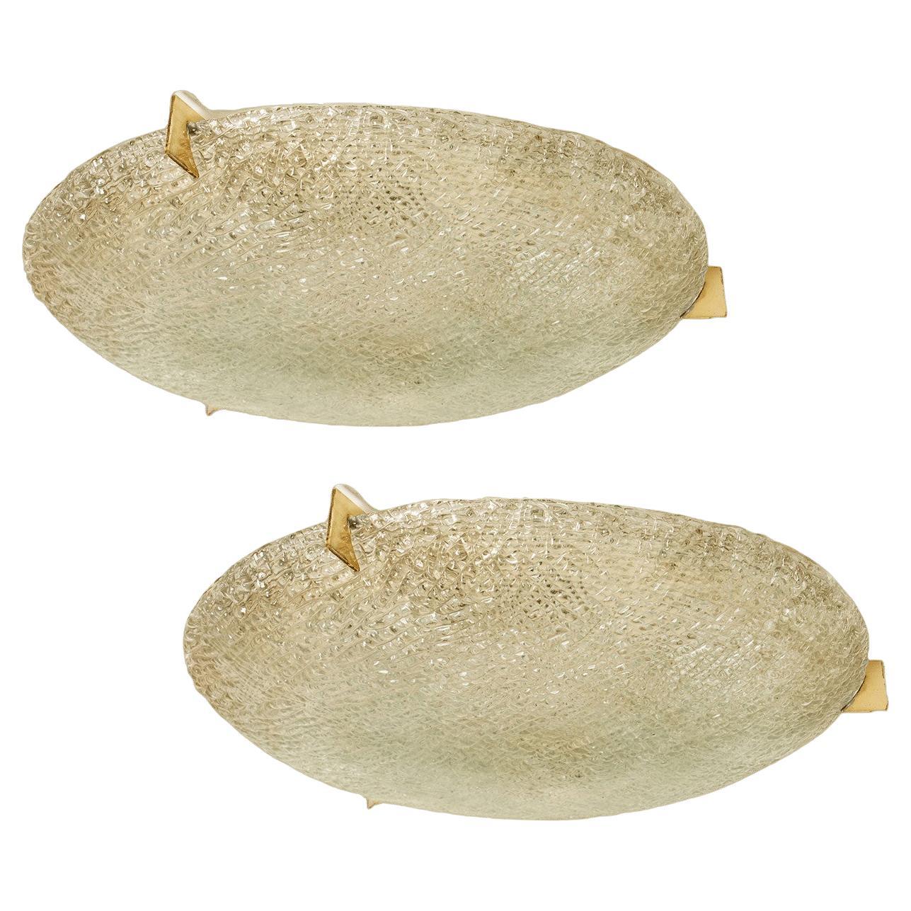 Thick Massive Handmade Glass Brass Flush Mount by Hillebrand, 1965 en venta