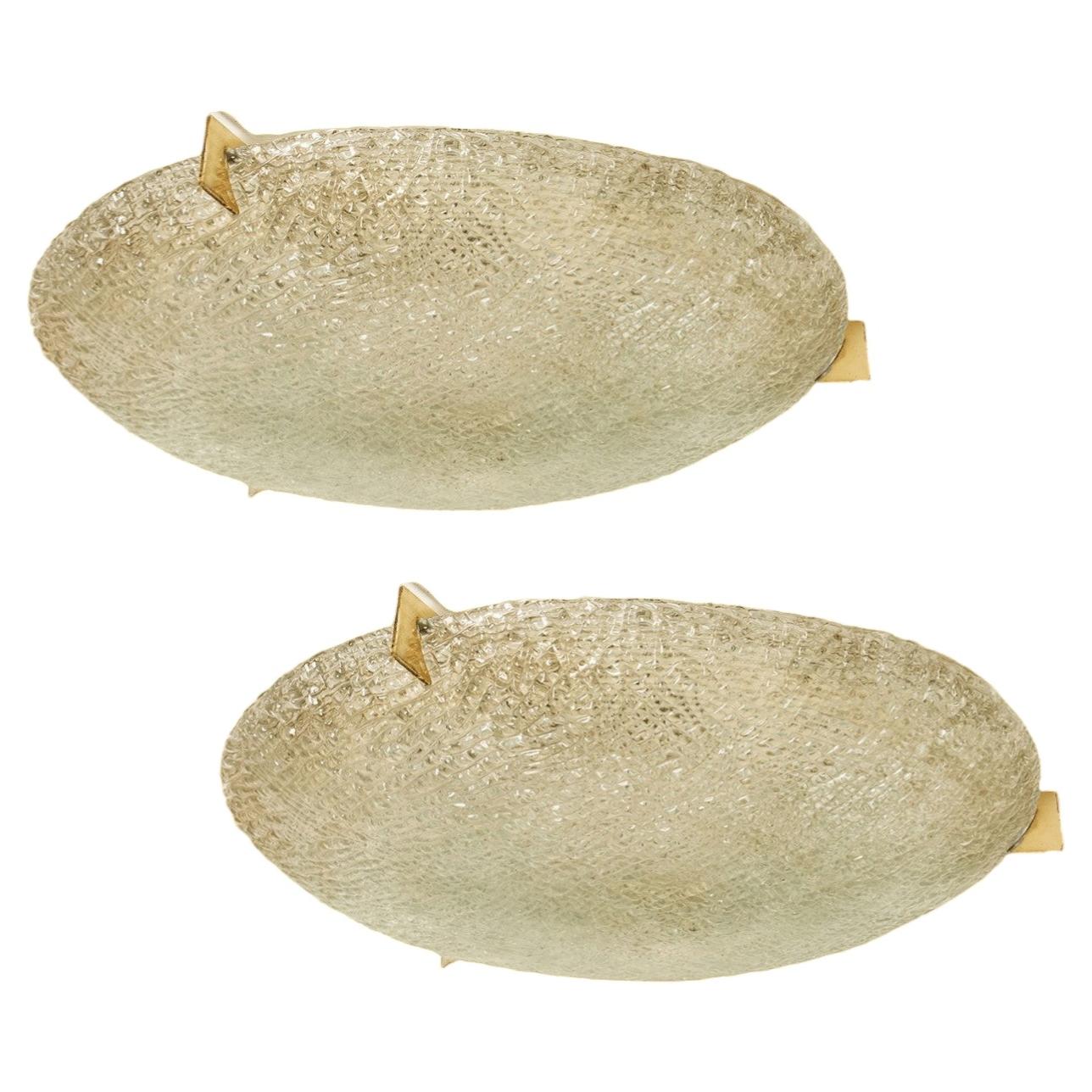 Thick Massive Handmade Glass Brass Flush Mount by Hillebrand, 1965