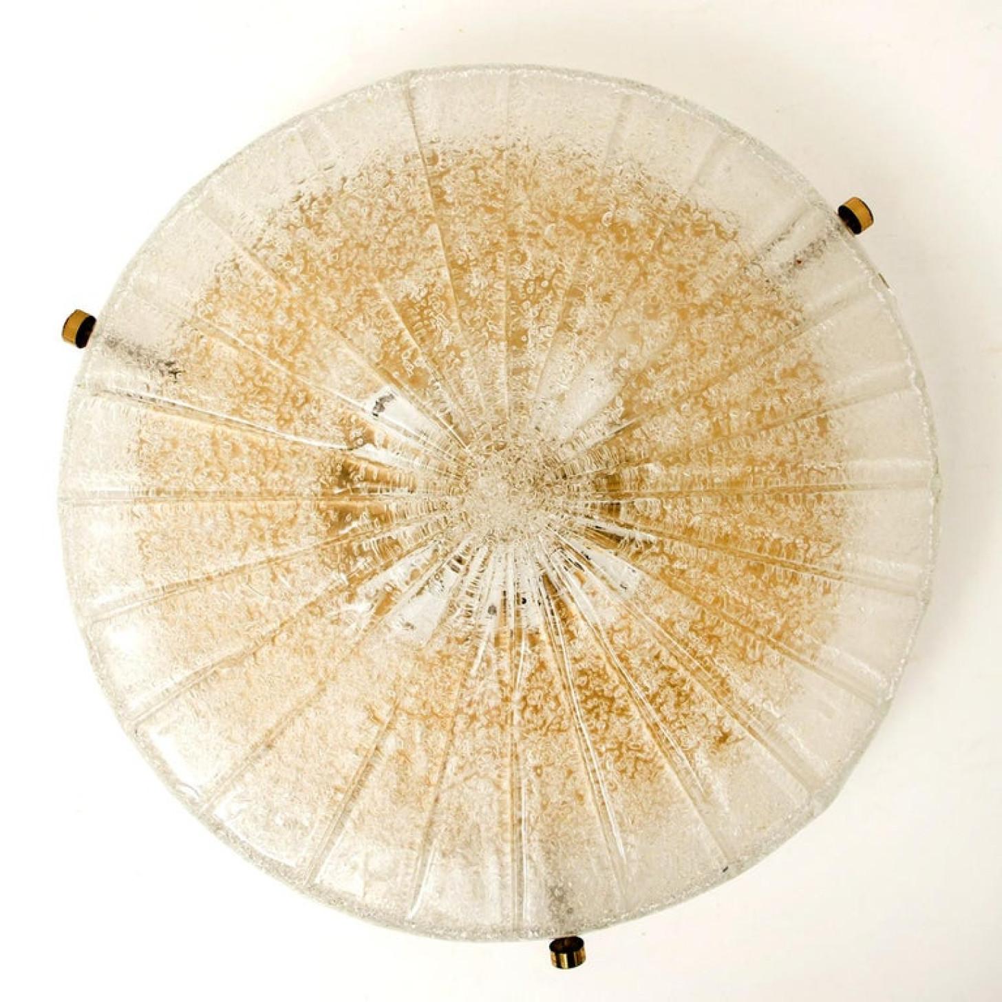 Mid-20th Century Thick Massive Handmade Glass Brass Flush Mount or Wall Light, 1960 For Sale