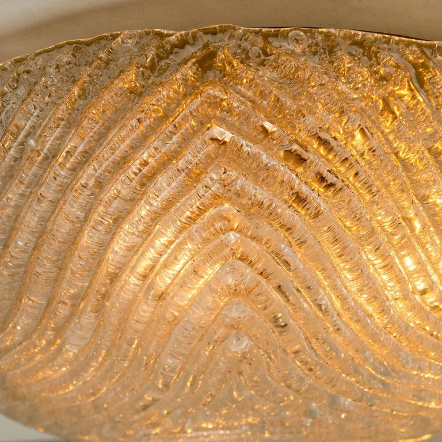German Thick Massive Handmade Glass Brass Flush Mount or Wall Lights, 1960