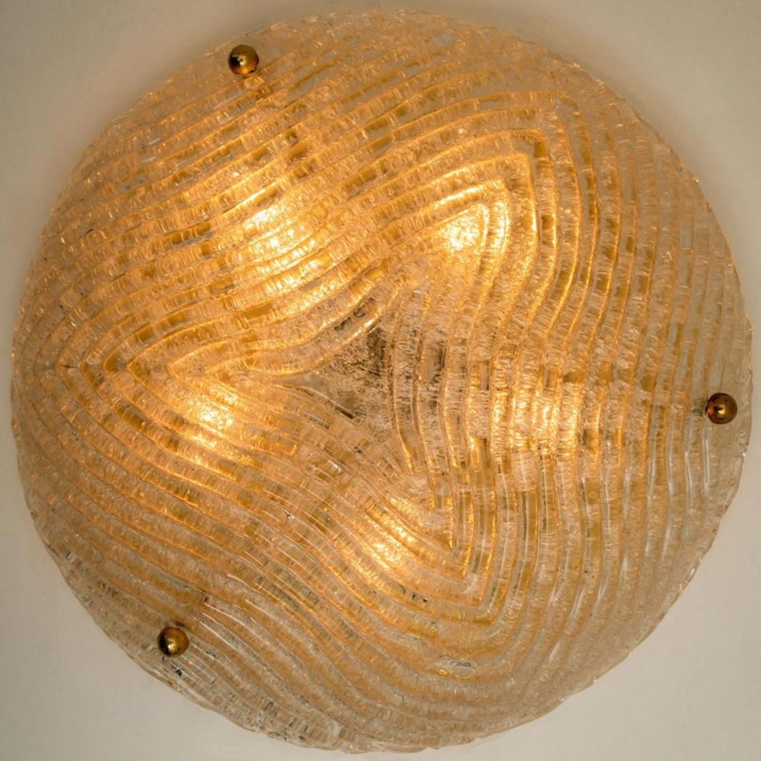 Thick Massive Handmade Glass Brass Flush Mount or Wall Light s, 1960 For Sale 2