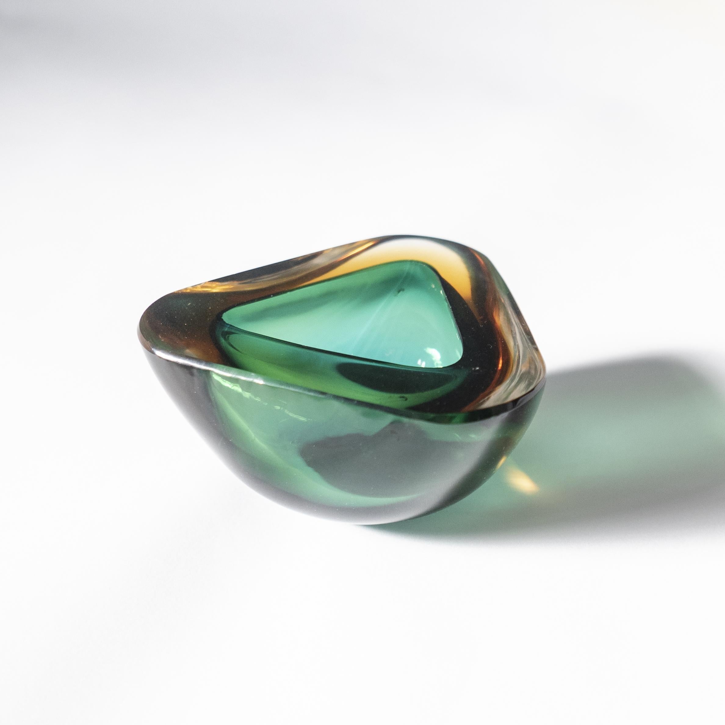 Italian Thick Murano Glass Bowl, Green and Yellow, Triangular For Sale
