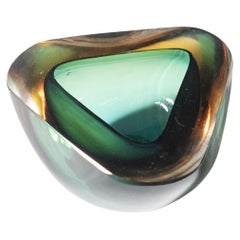 Retro Thick Murano Glass Bowl, Green and Yellow, Triangular