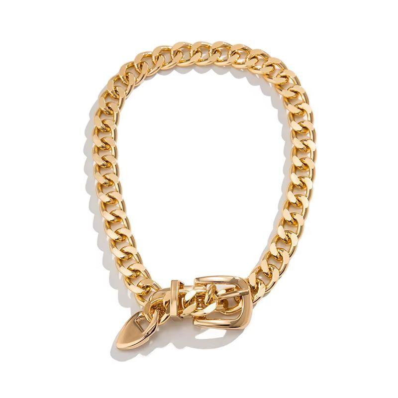 Simply Beautiful! This Chic Thick Gold Tone Open Link Chain Choker Necklace with Belt Buckle Closure is Stylish and so easy to wear! Measuring approx. 15.7