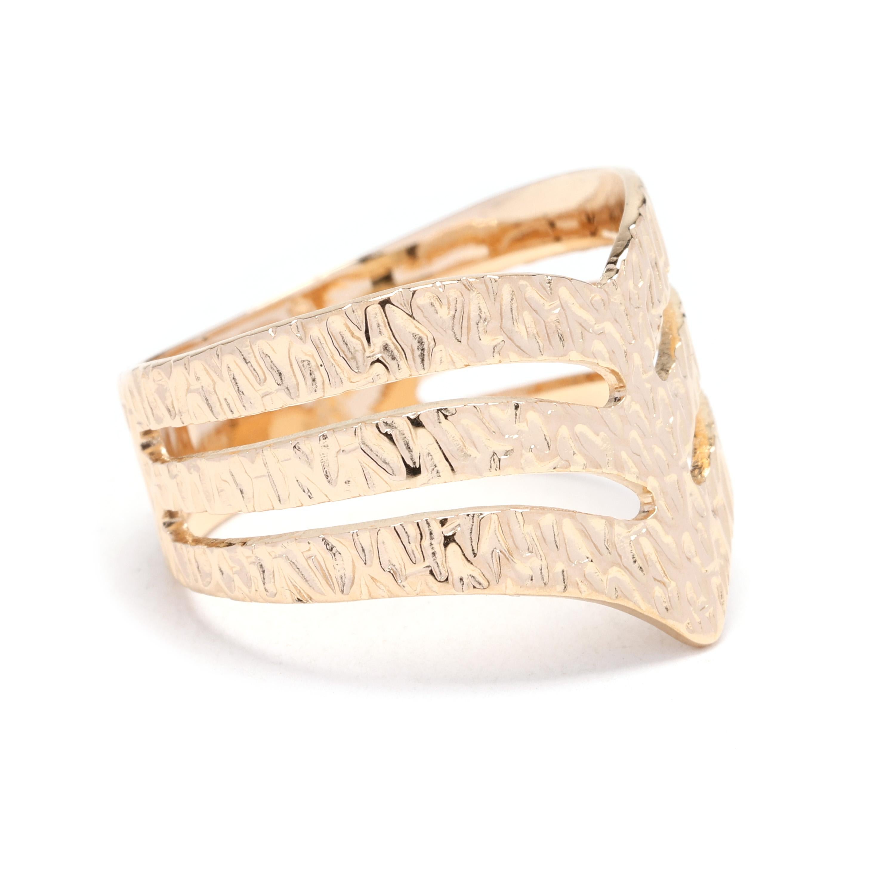 Add a touch of elegance to your look with this stunning 18k gold band ring. The band features a unique pattern with three stripes, adding dimension and style. Made of 18k yellow gold, this ring is not only beautiful but also durable and